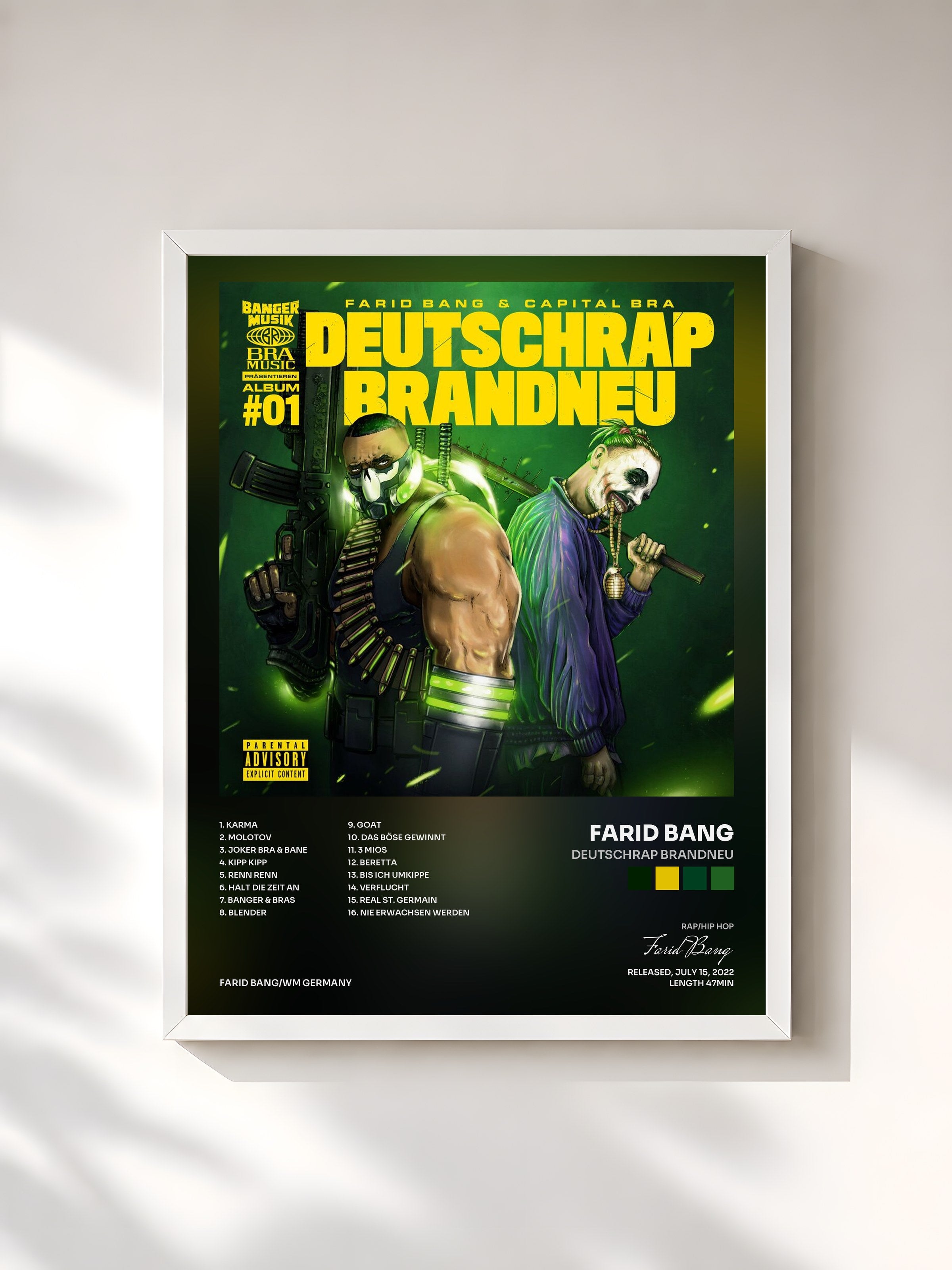#blanc Tableau de l'album DEUTSCHRAP BRANDNEU de Farid Bang, cadre blanc, imprimé et encadré en France