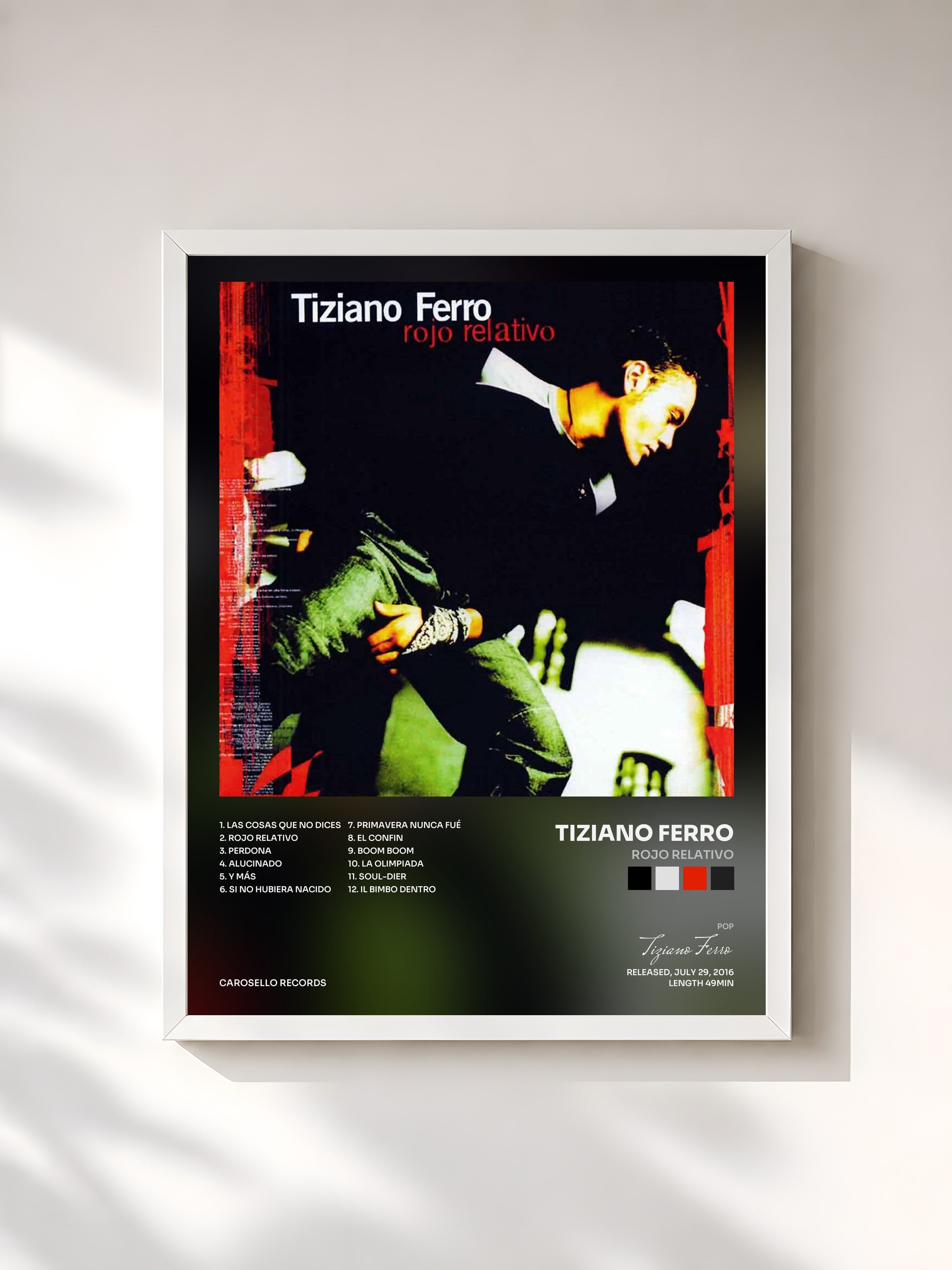 #blanc Tableau de l'album Rojo Relativo de Tiziano Ferro, cadre blanc, imprimé et encadré en France