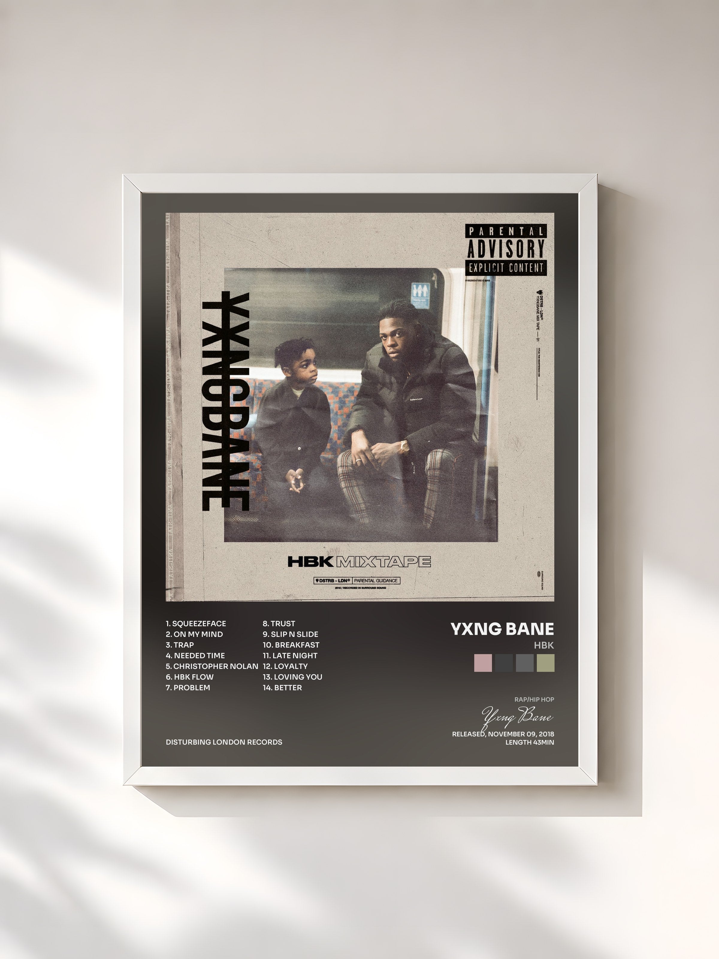 #blanc Tableau de l'album HBK de Yxng Bane, cadre blanc, imprimé et encadré en France