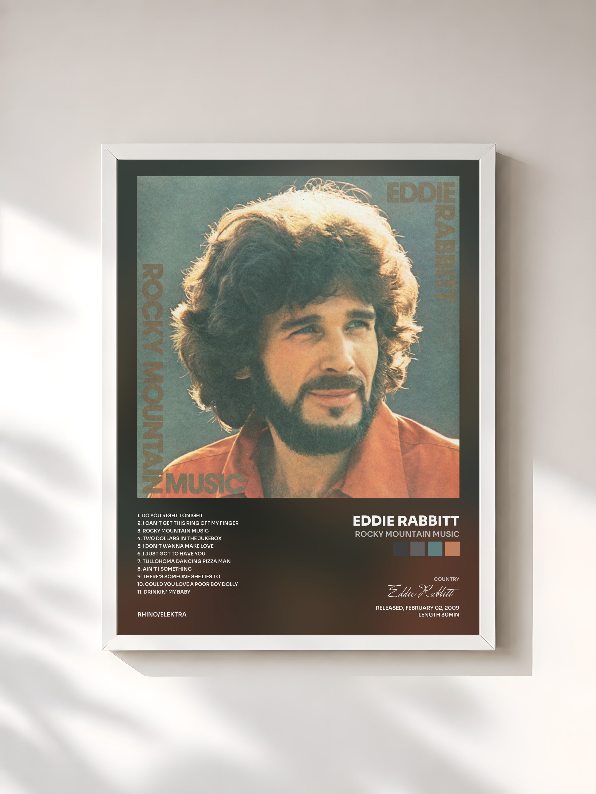 #blanc Tableau de l'album Rocky Mountain Music de Eddie Rabbitt, cadre blanc, imprimé et encadré en France