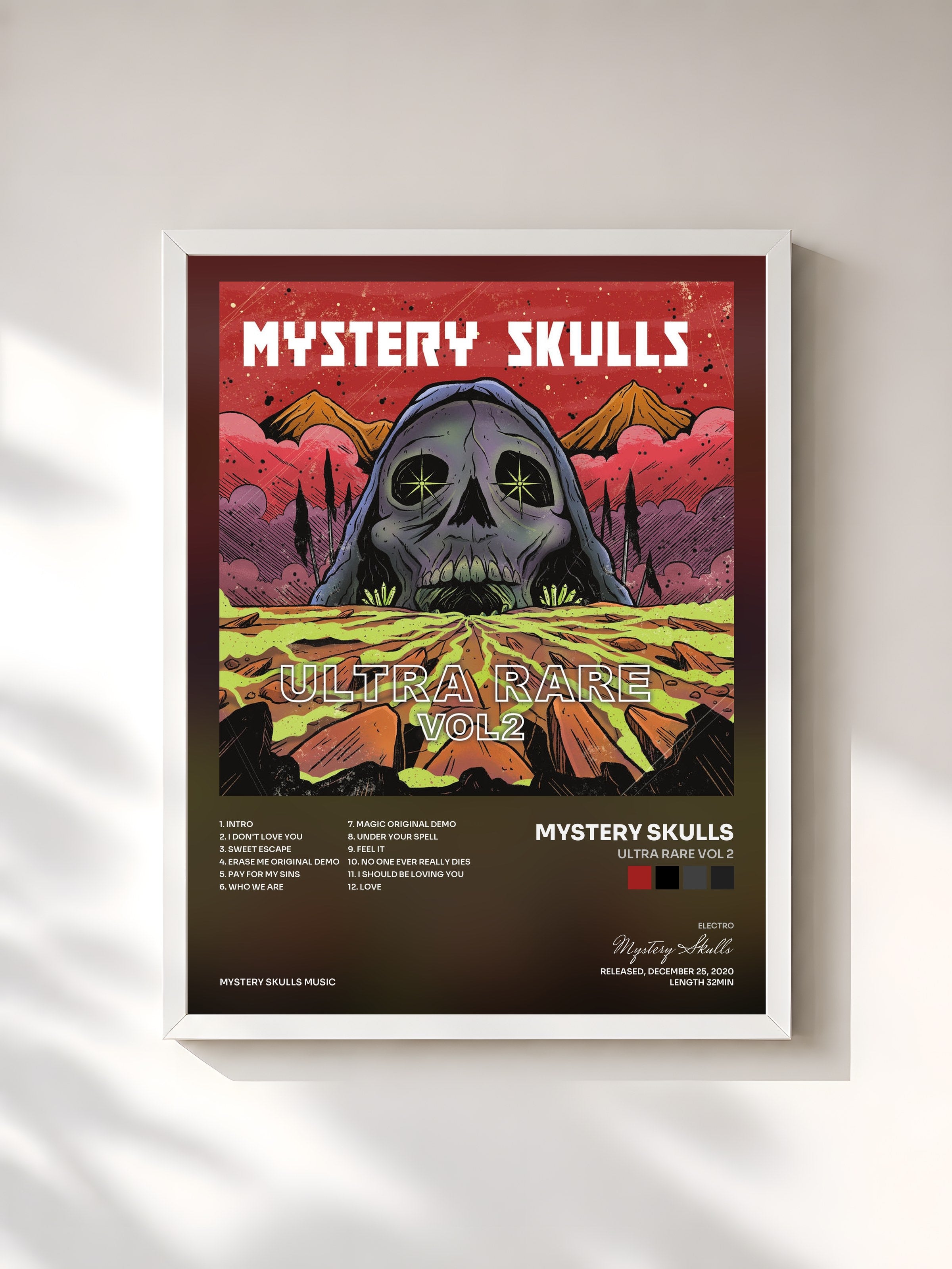 #blanc Tableau de l'album Ultra Rare Vol 2 de Mystery Skulls, cadre blanc, imprimé et encadré en France