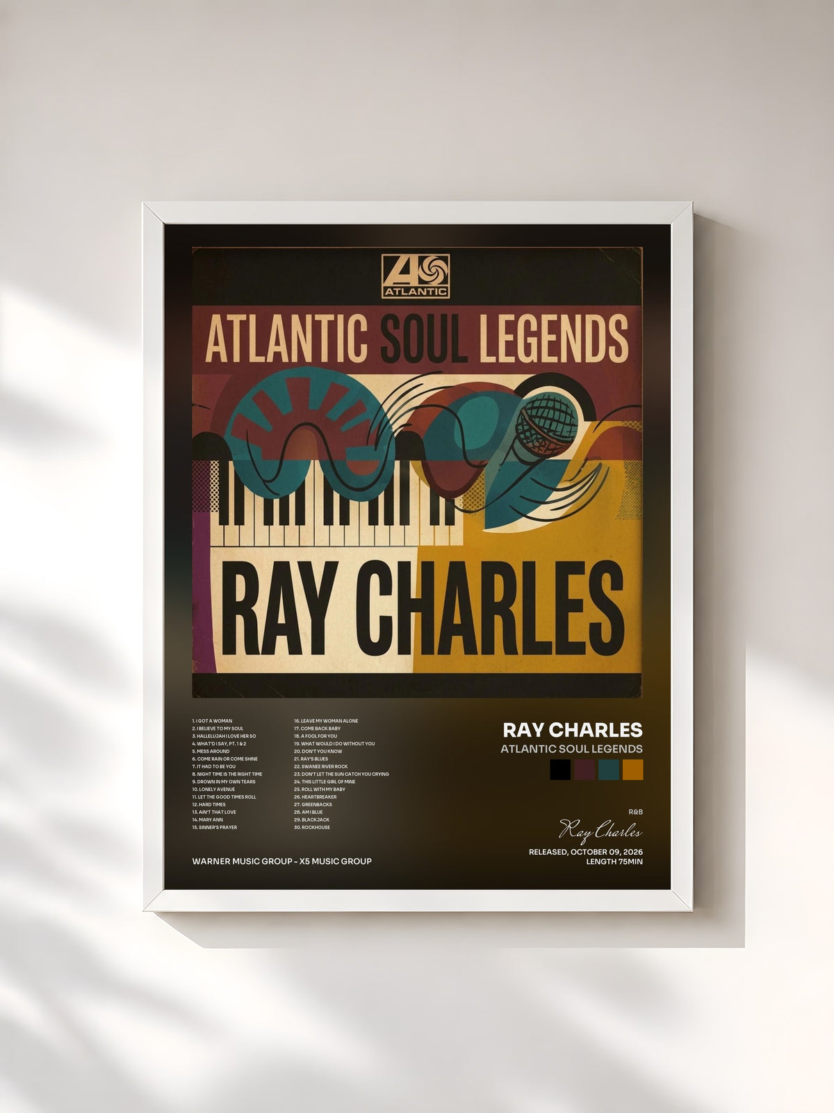 #blanc Tableau de l'album Atlantic Soul Legends de Ray Charles, cadre blanc, imprimé et encadré en France