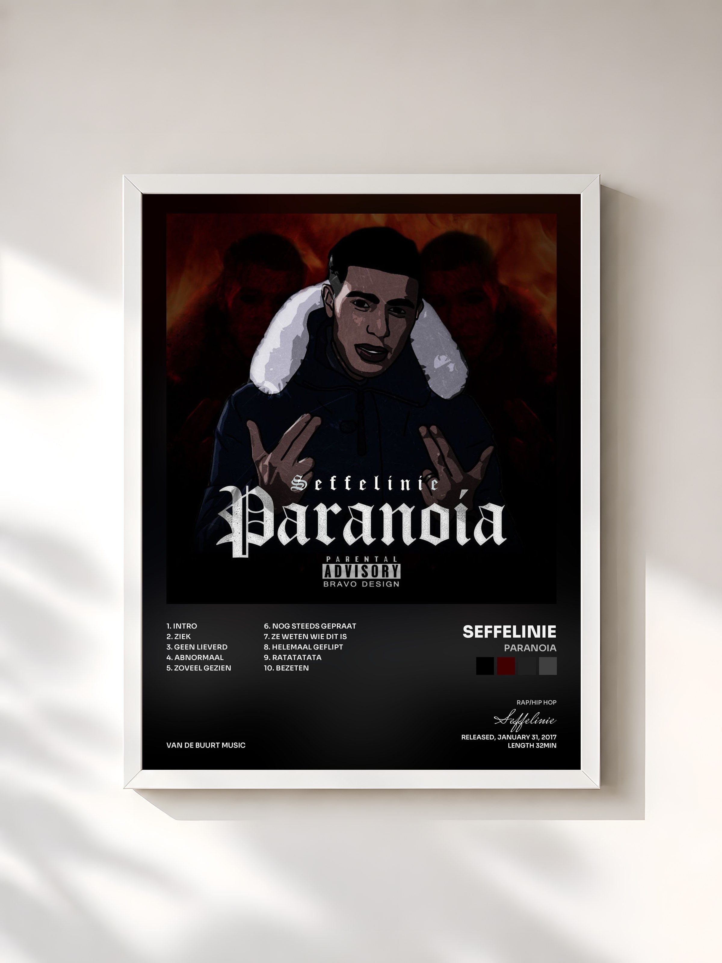 #blanc Tableau de l'album Paranoia de Seffelinie, cadre blanc, imprimé et encadré en France