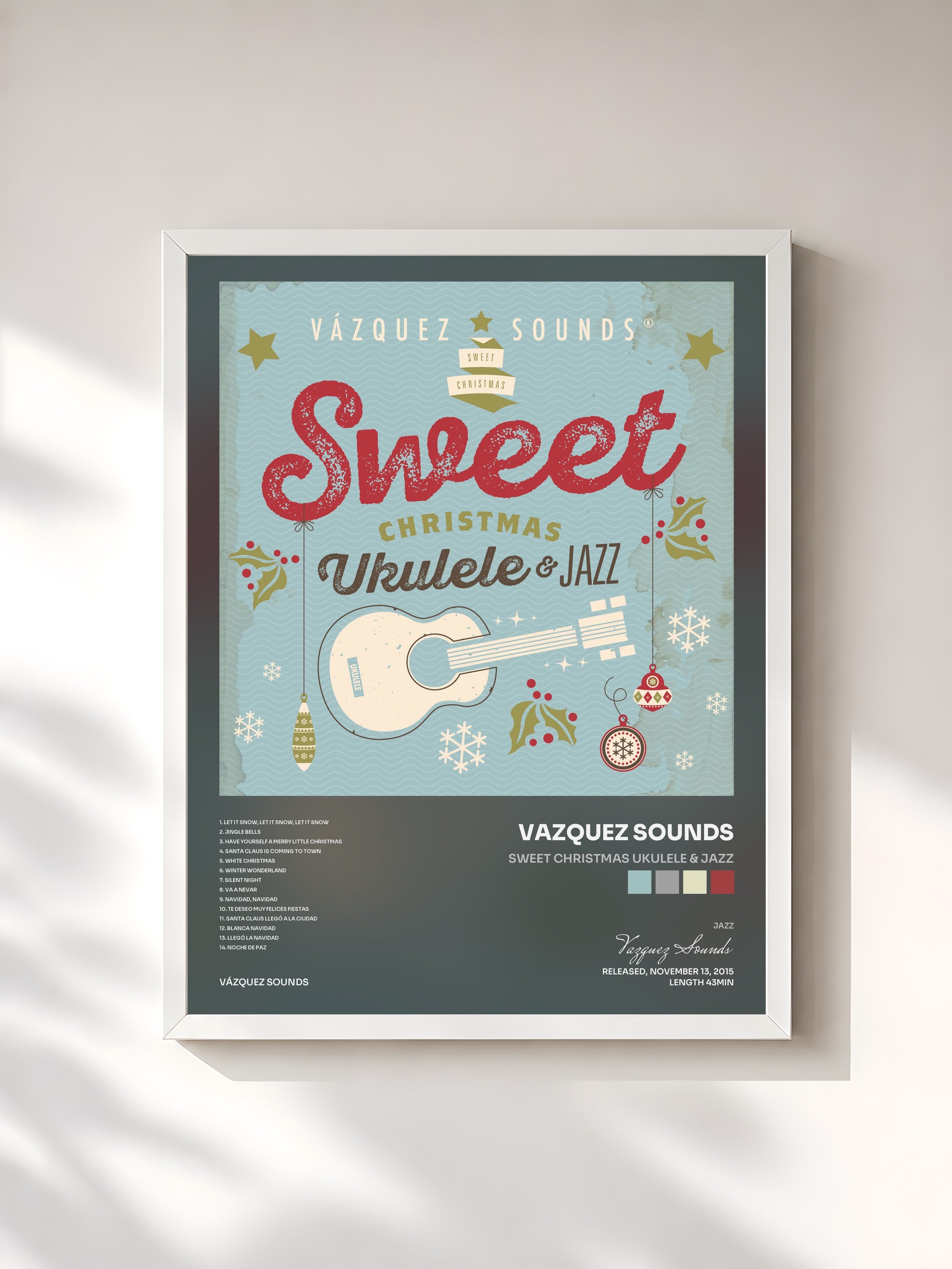 #blanc Tableau de l'album Sweet Christmas Ukulele & Jazz de Vazquez Sounds, cadre blanc, imprimé et encadré en France