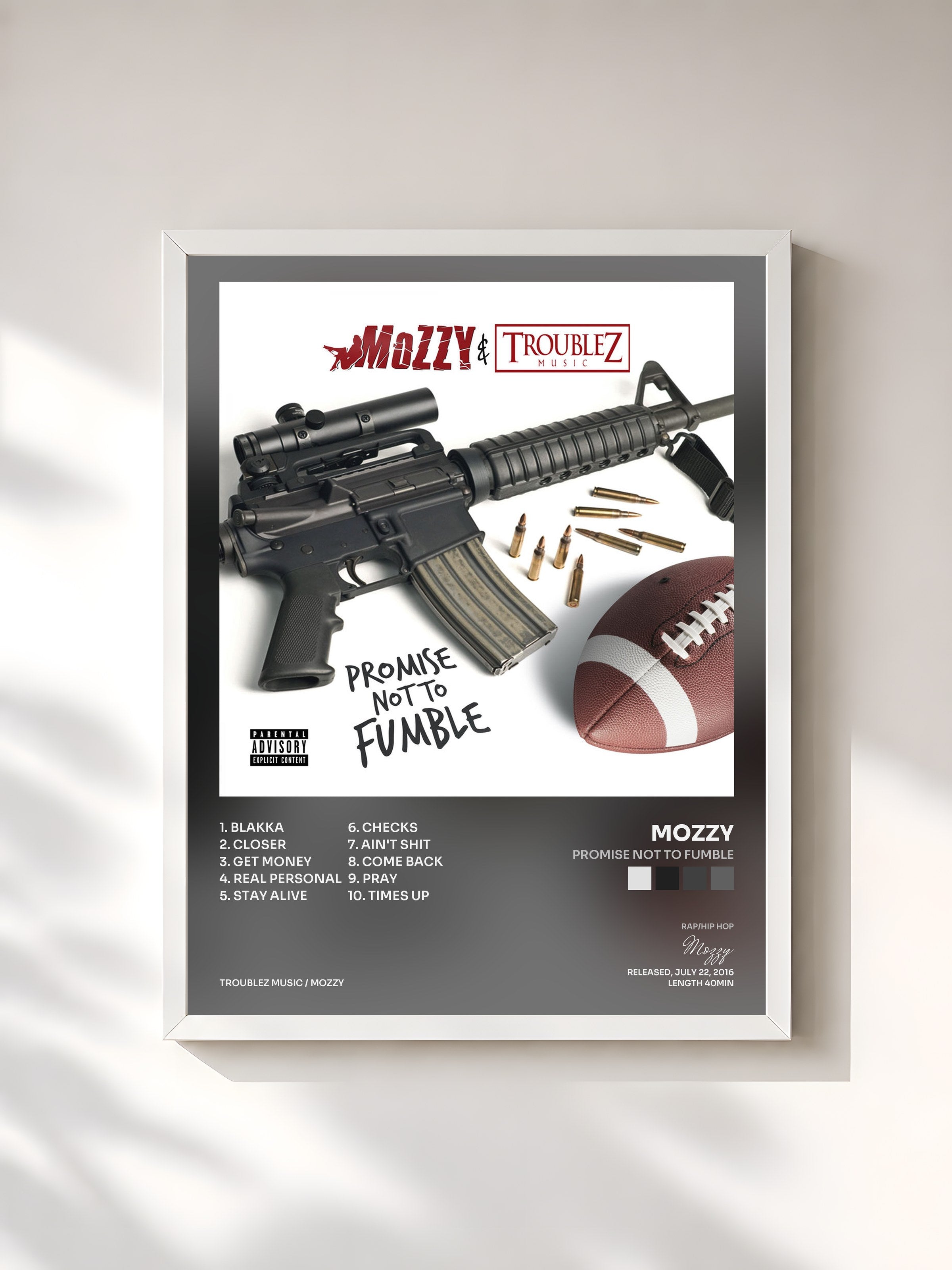 #blanc Tableau de l'album Promise Not to Fumble de Mozzy, cadre blanc, imprimé et encadré en France