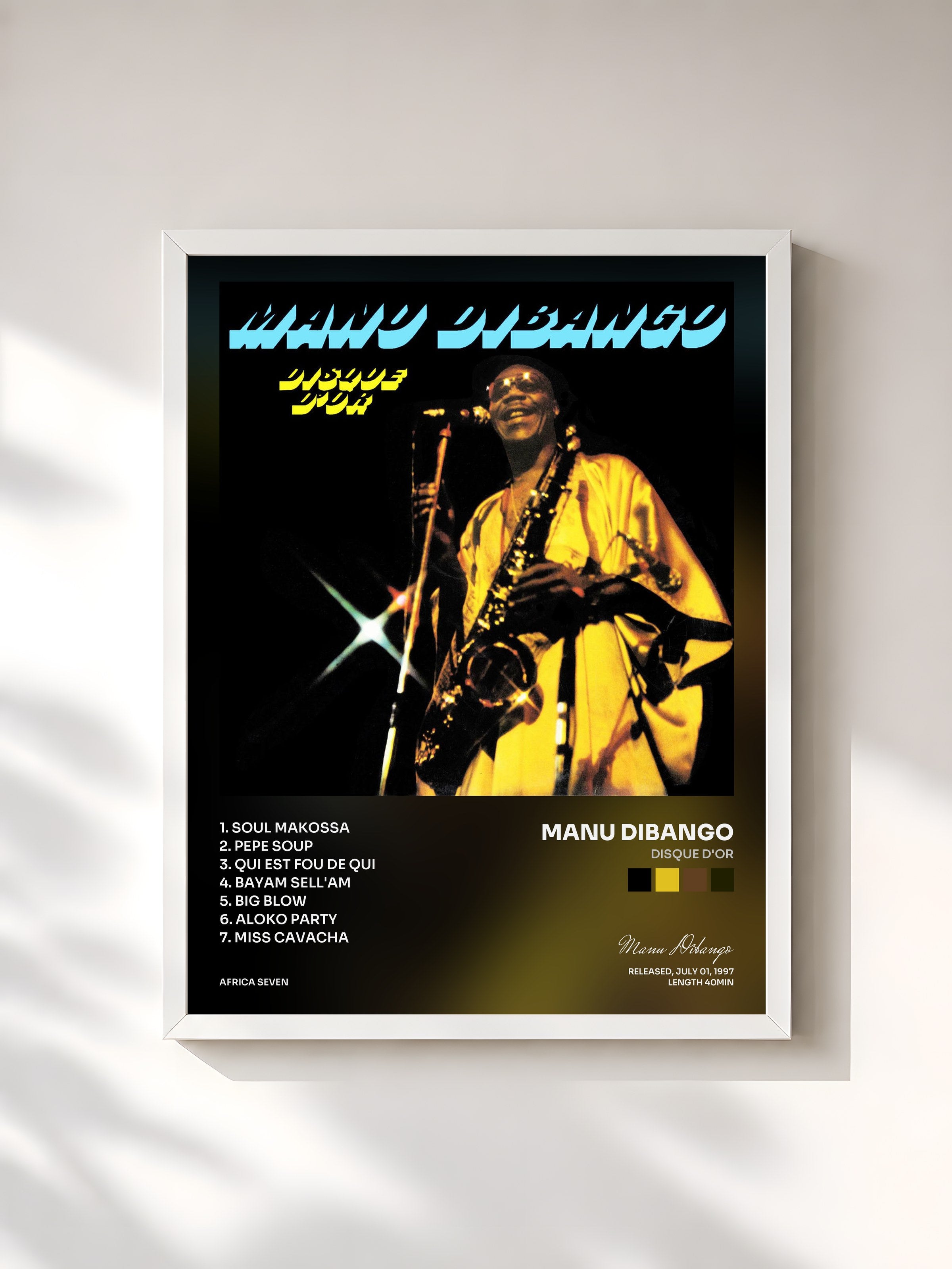 #blanc Tableau de l'album Disque D'Or de Manu Dibango, cadre blanc, imprimé et encadré en France