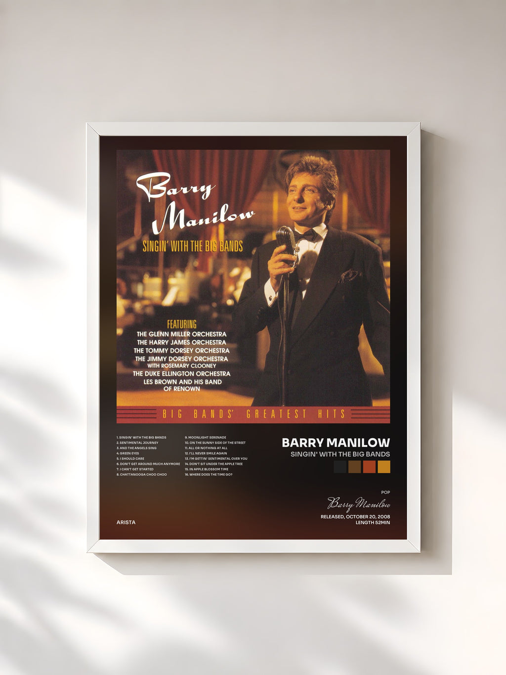 #blanc Tableau de l'album Singin' With The Big Bands de Barry Manilow, cadre blanc, imprimé et encadré en France