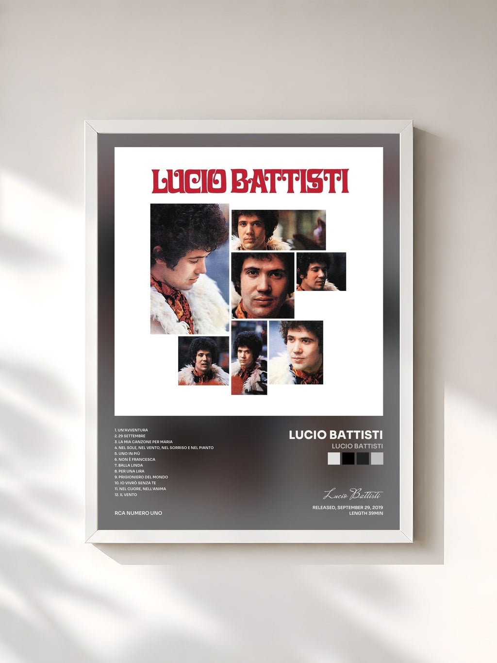 #blanc Lucio Battisti di Lucio Battisti in stampa incorniciata, cornice bianca, stampata e incorniciata in Francia