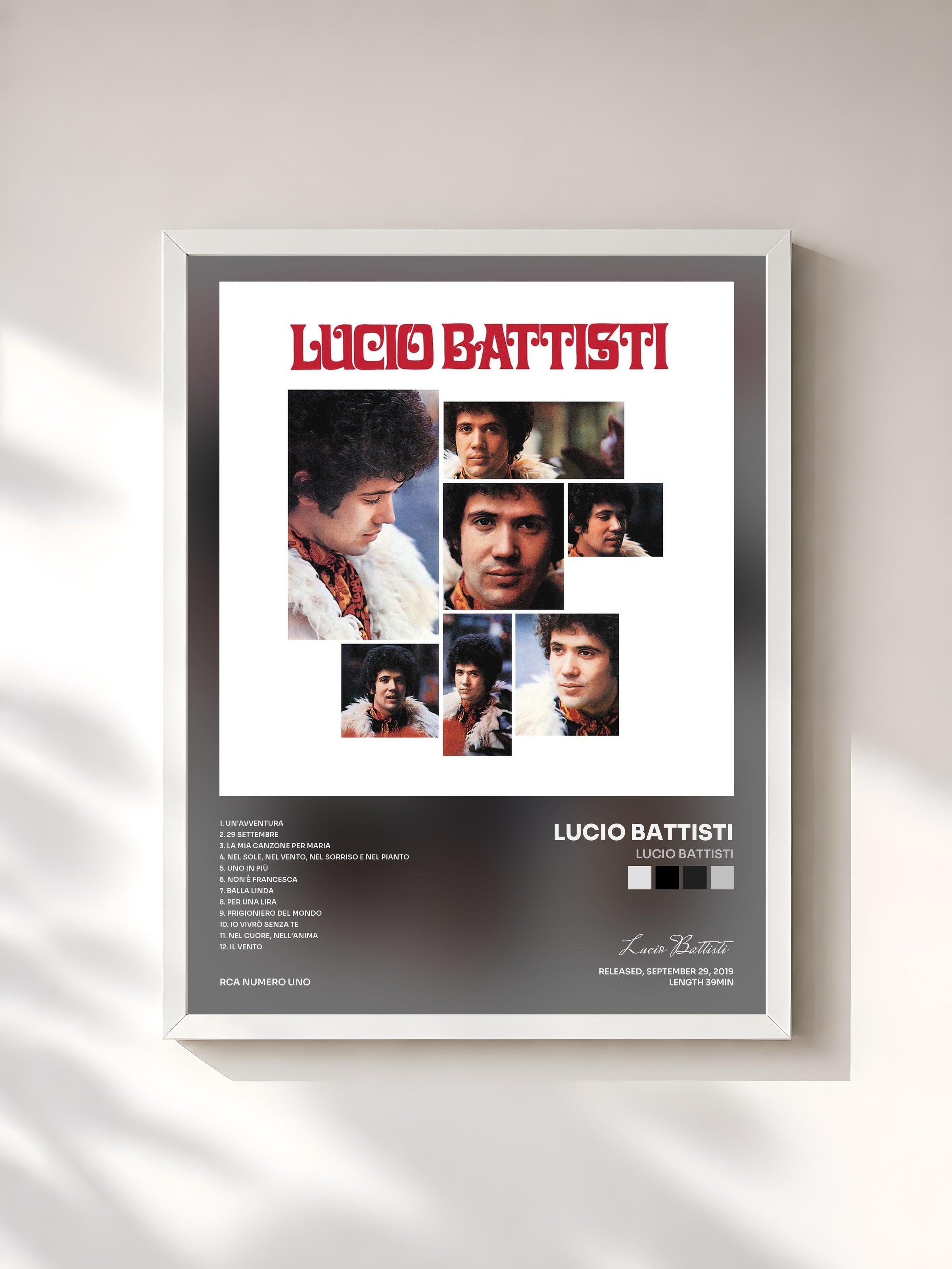 #blanc Tableau de l'album Lucio Battisti de Lucio Battisti, cadre blanc, imprimé et encadré en France