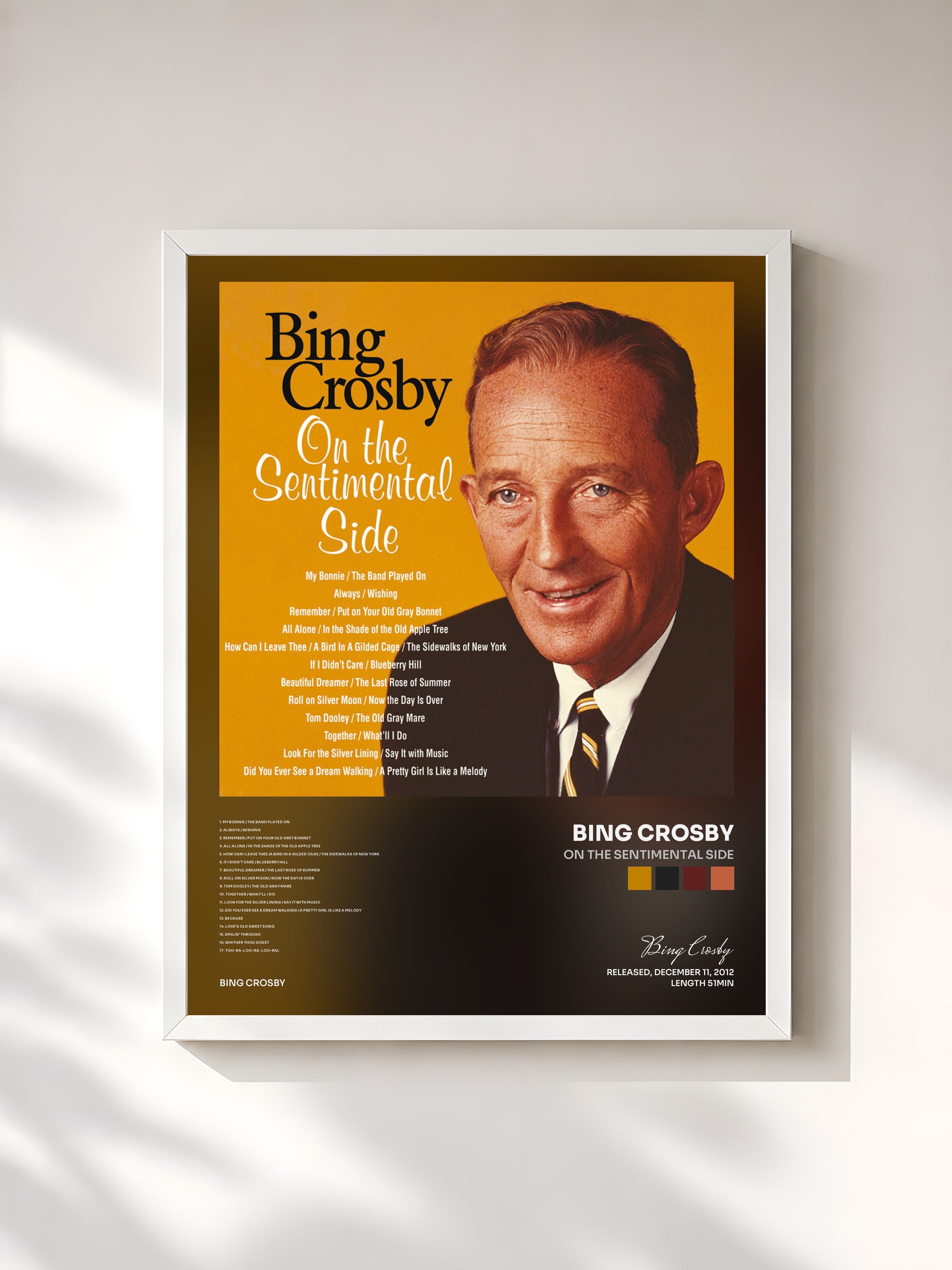 #blanc Tableau de l'album On The Sentimental Side de Bing Crosby, cadre blanc, imprimé et encadré en France