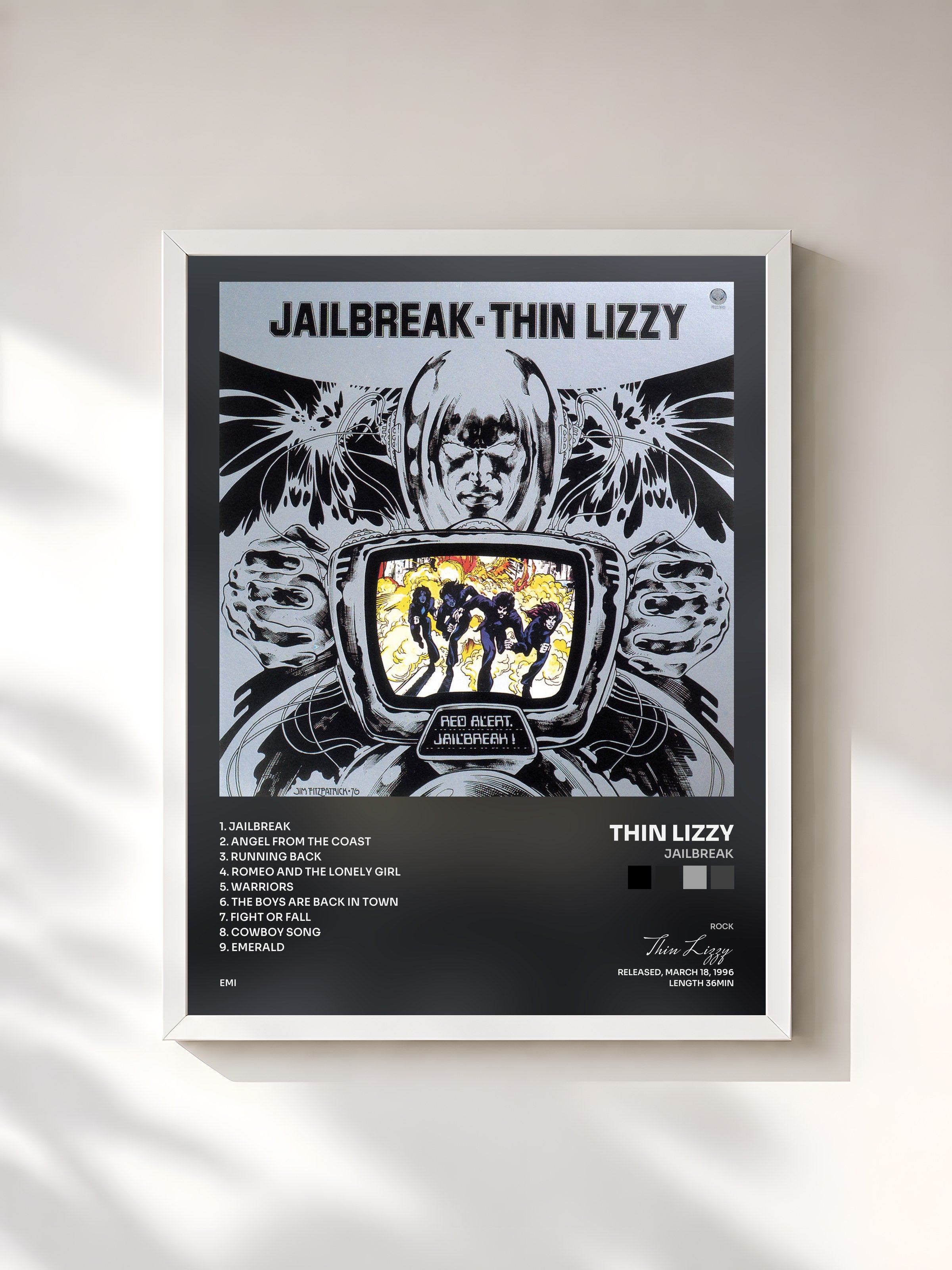 #blanc Tableau de l'album Jailbreak de Thin Lizzy, cadre blanc, imprimé et encadré en France