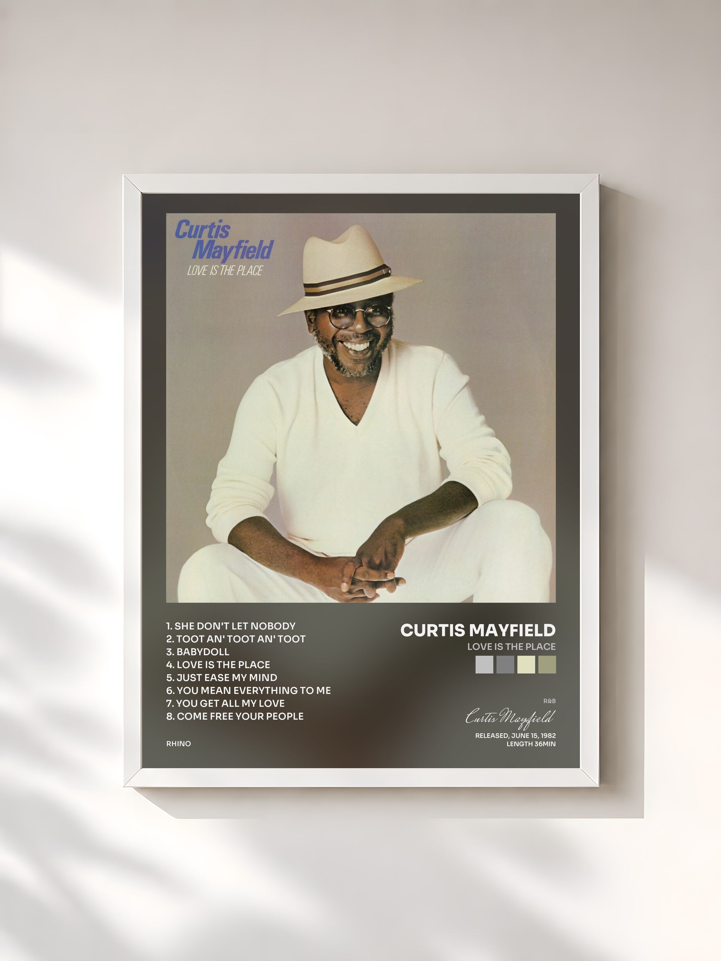 #blanc Tableau de l'album Love Is the Place de Curtis Mayfield, cadre blanc, imprimé et encadré en France