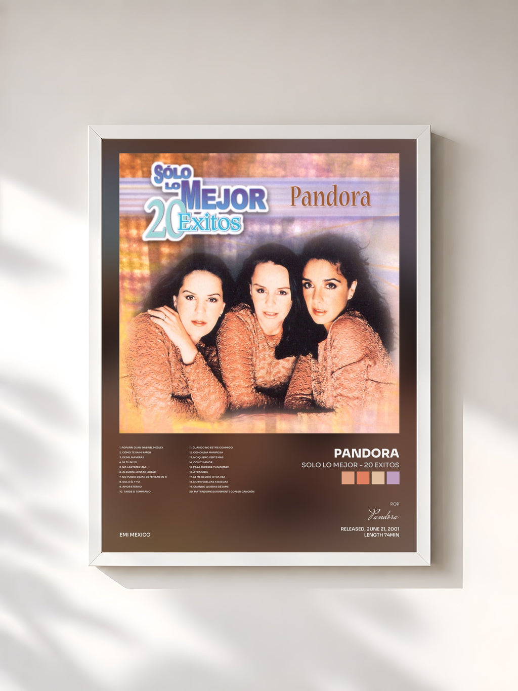 #blanc Tableau de l'album Solo Lo Mejor - 20 Exitos de Pandora, cadre blanc, imprimé et encadré en France