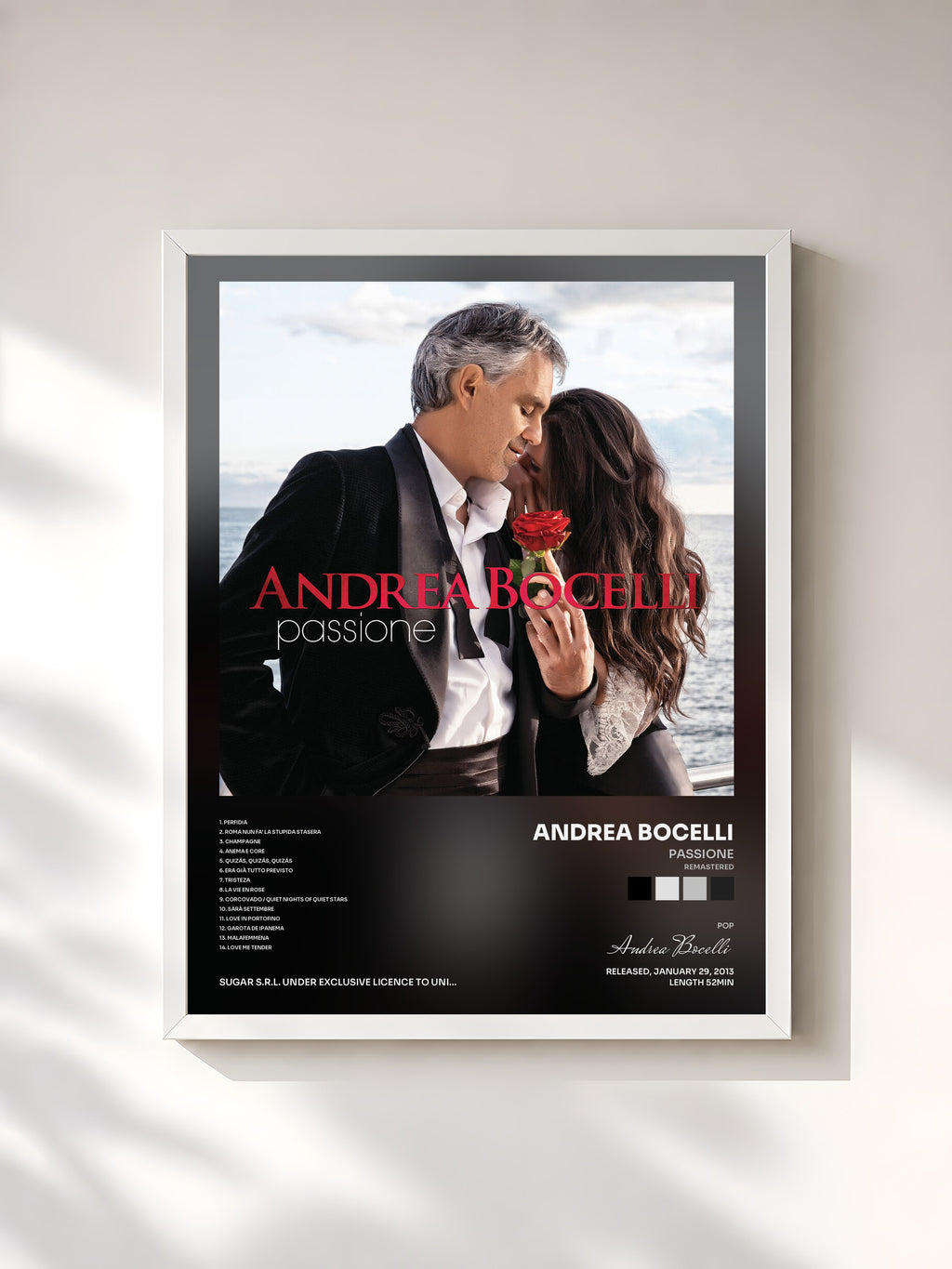#blanc Tableau de l'album Passione (Remastered) de Andrea Bocelli, cadre blanc, imprimé et encadré en France