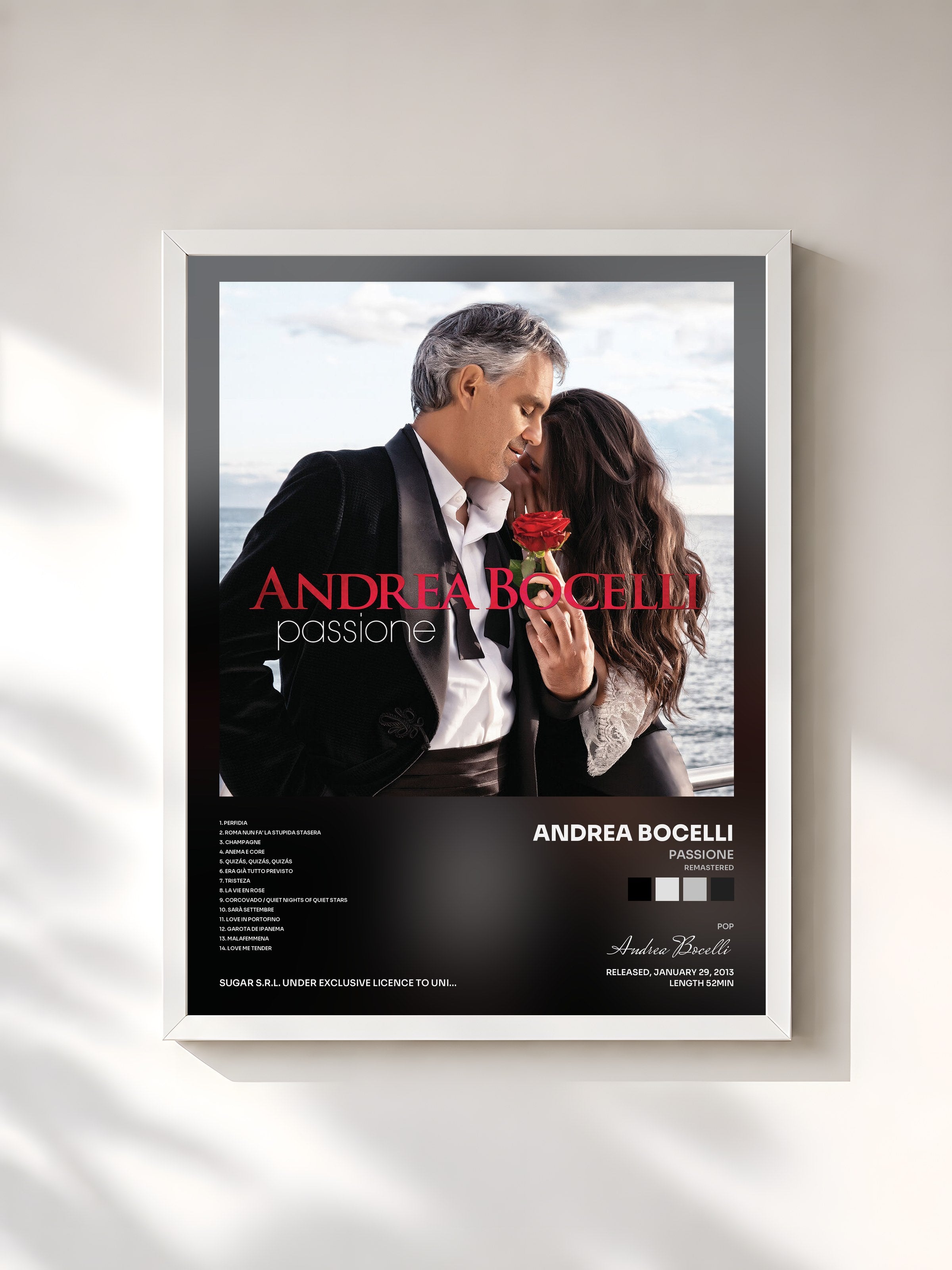 #blanc Tableau de l'album Passione (Remastered) de Andrea Bocelli, cadre blanc, imprimé et encadré en France