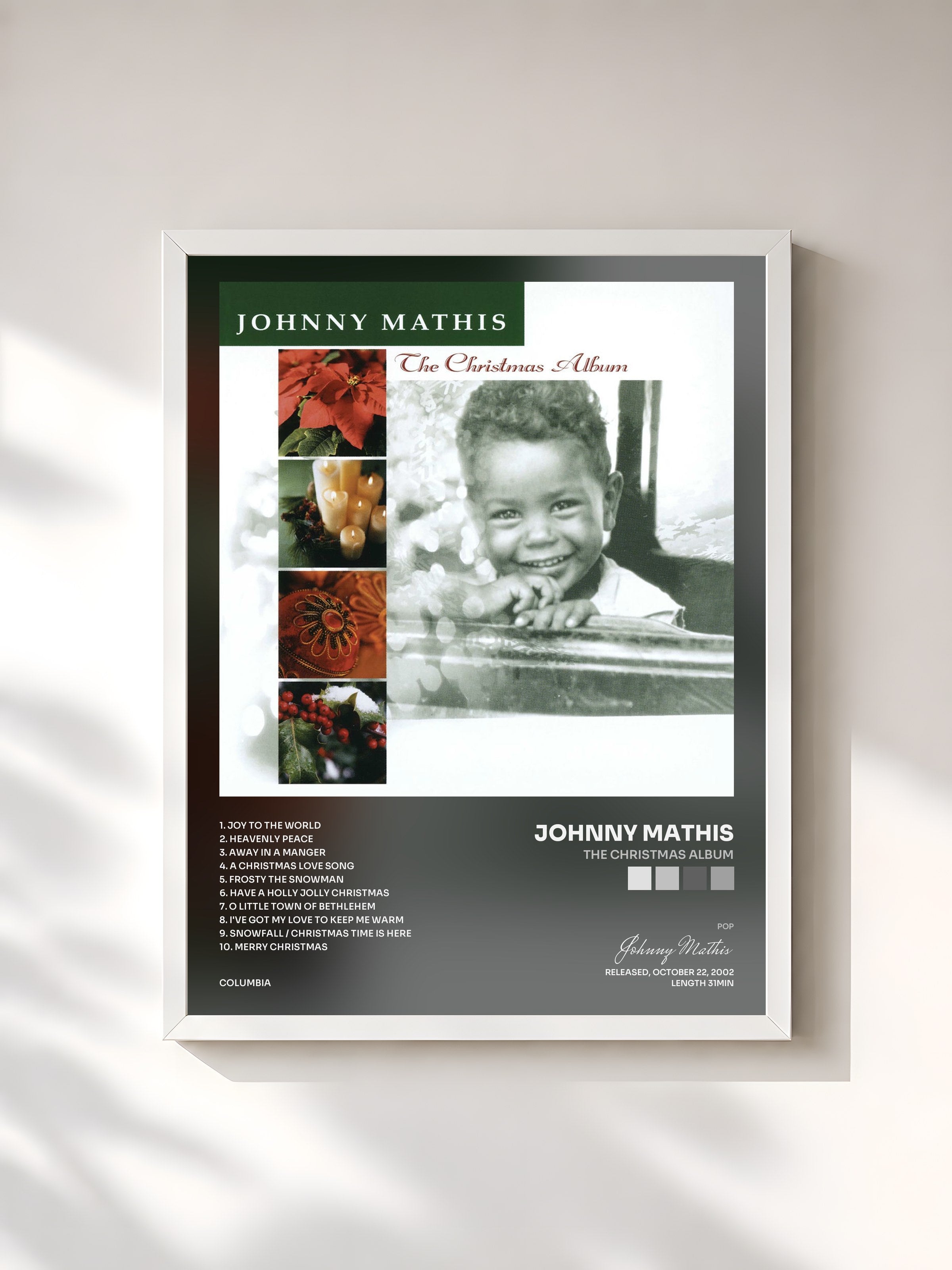 #blanc Tableau de l'album The Christmas Album de Johnny Mathis, cadre blanc, imprimé et encadré en France