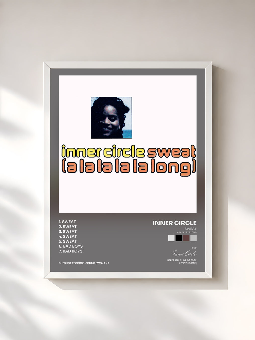 #blanc Tableau de l'album Sweat (A La La La La Long) de Inner Circle, cadre blanc, imprimé et encadré en France