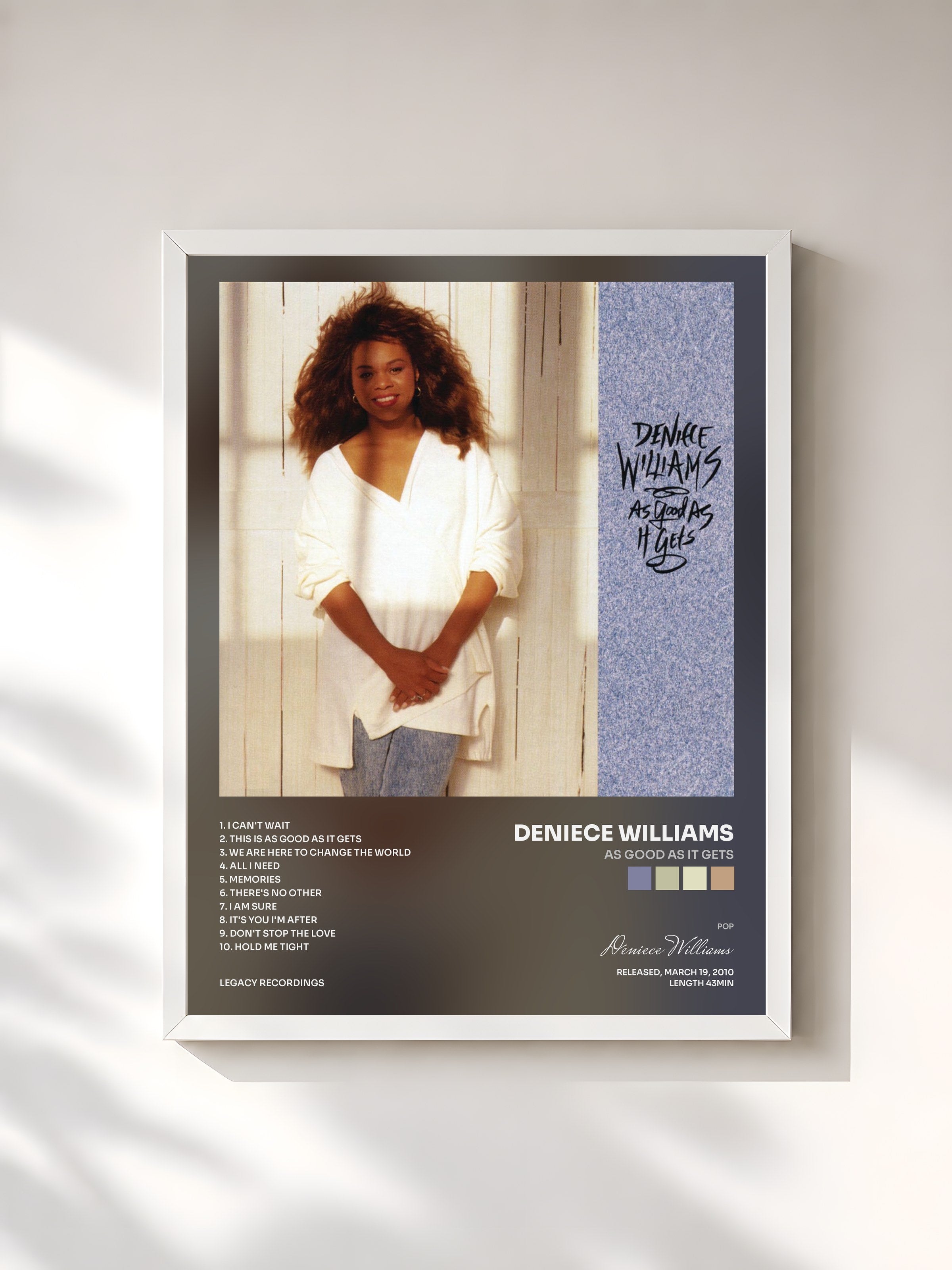 #blanc Tableau de l'album As Good As It Gets de Deniece Williams, cadre blanc, imprimé et encadré en France
