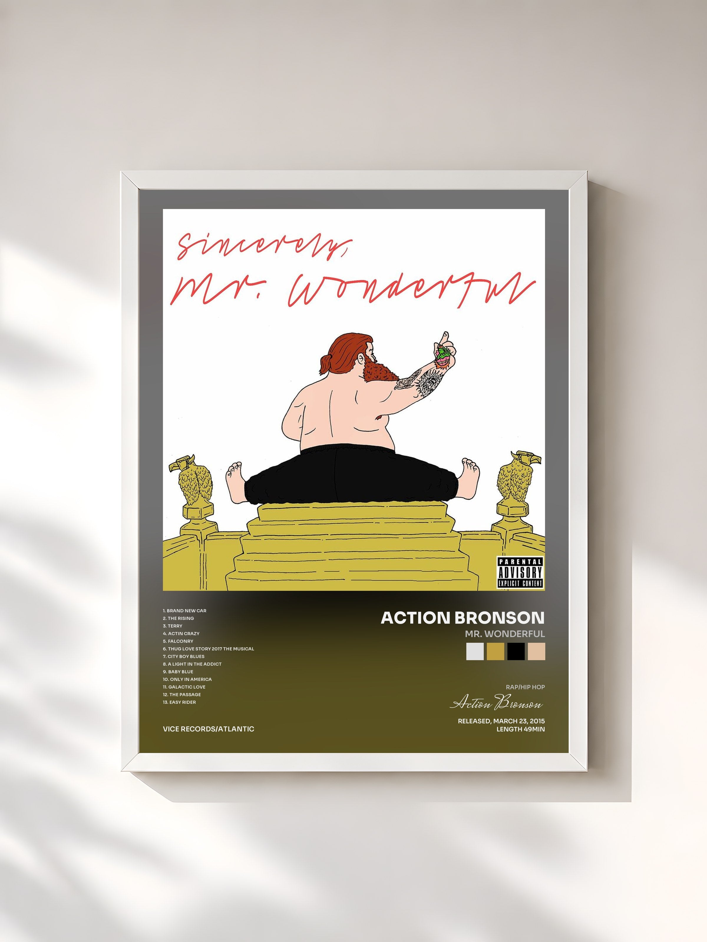 #blanc Tableau de l'album Mr. Wonderful de Action Bronson, cadre blanc, imprimé et encadré en France