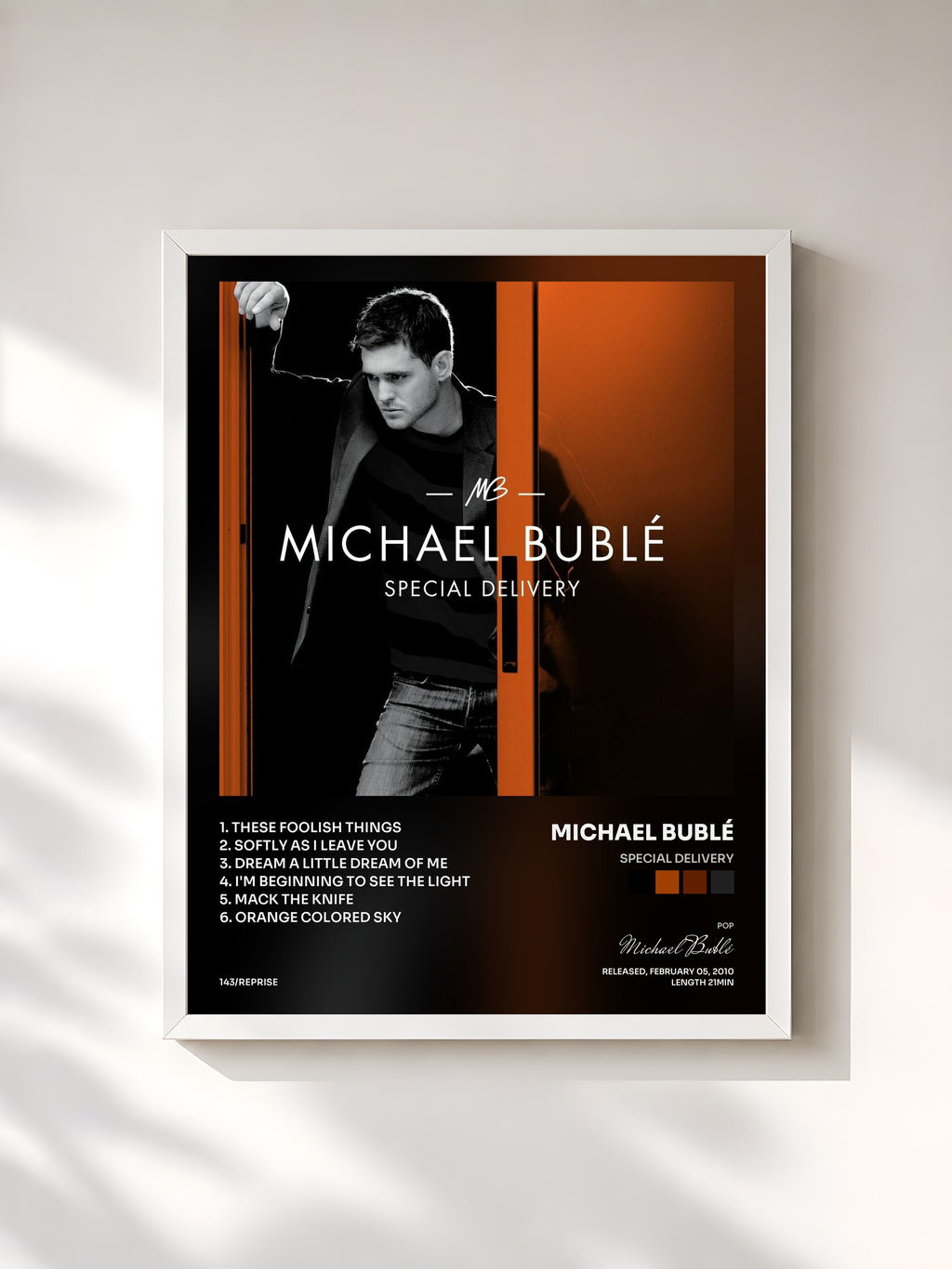 #blanc Tableau de l'album Special Delivery de Michael Bublé, cadre blanc, imprimé et encadré en France