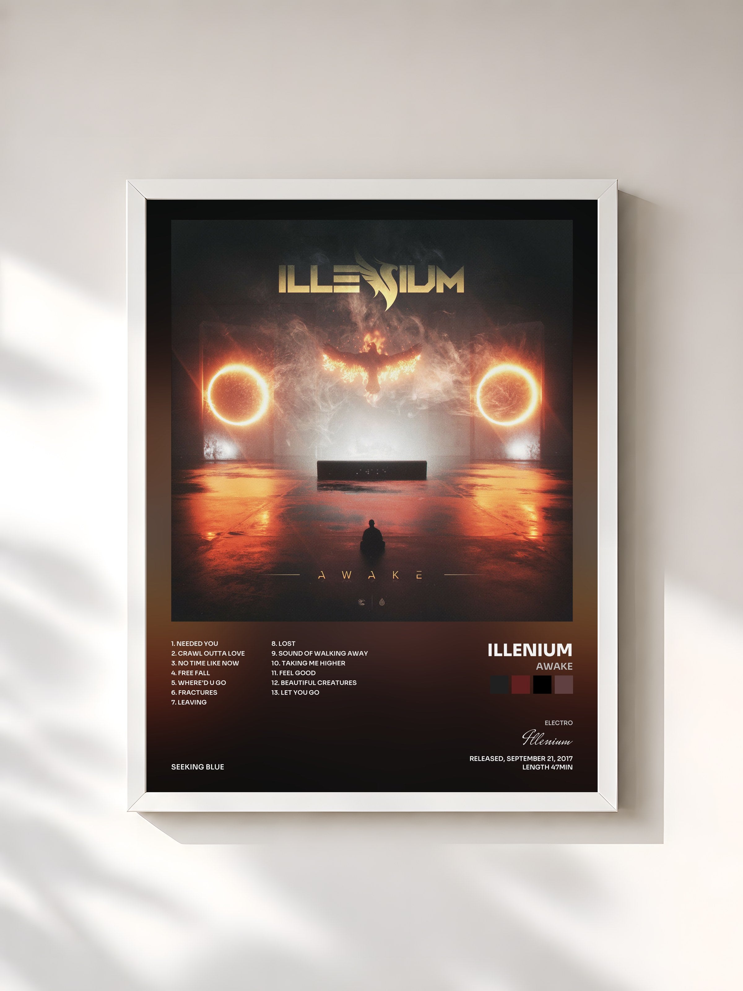 #blanc Tableau de l'album Awake de Illenium, cadre blanc, imprimé et encadré en France