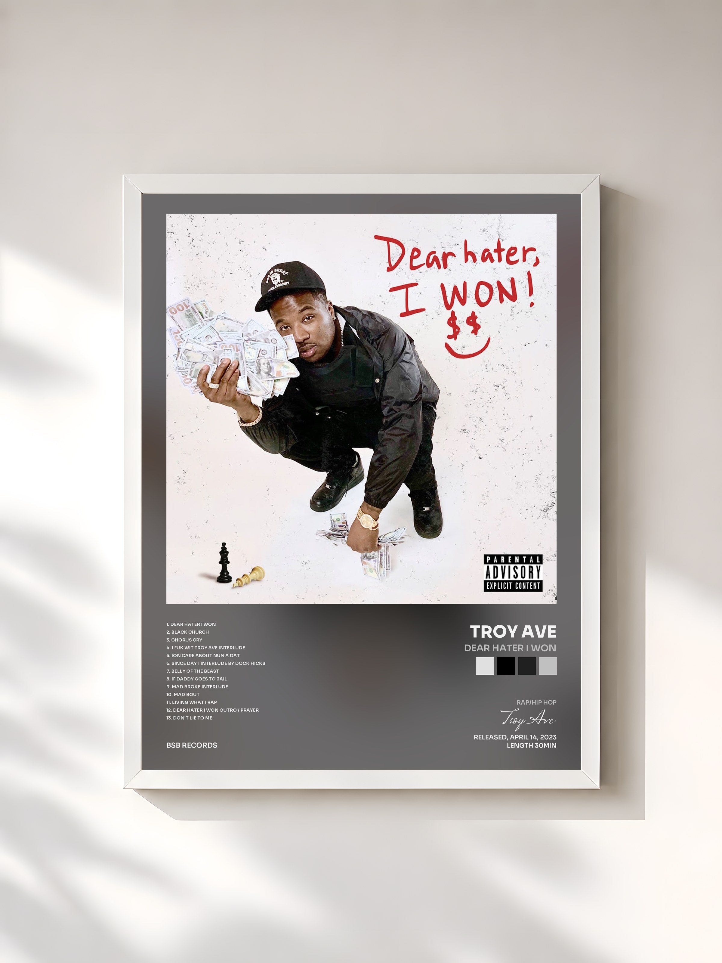 #blanc Tableau de l'album Dear Hater I Won de Troy Ave, cadre blanc, imprimé et encadré en France
