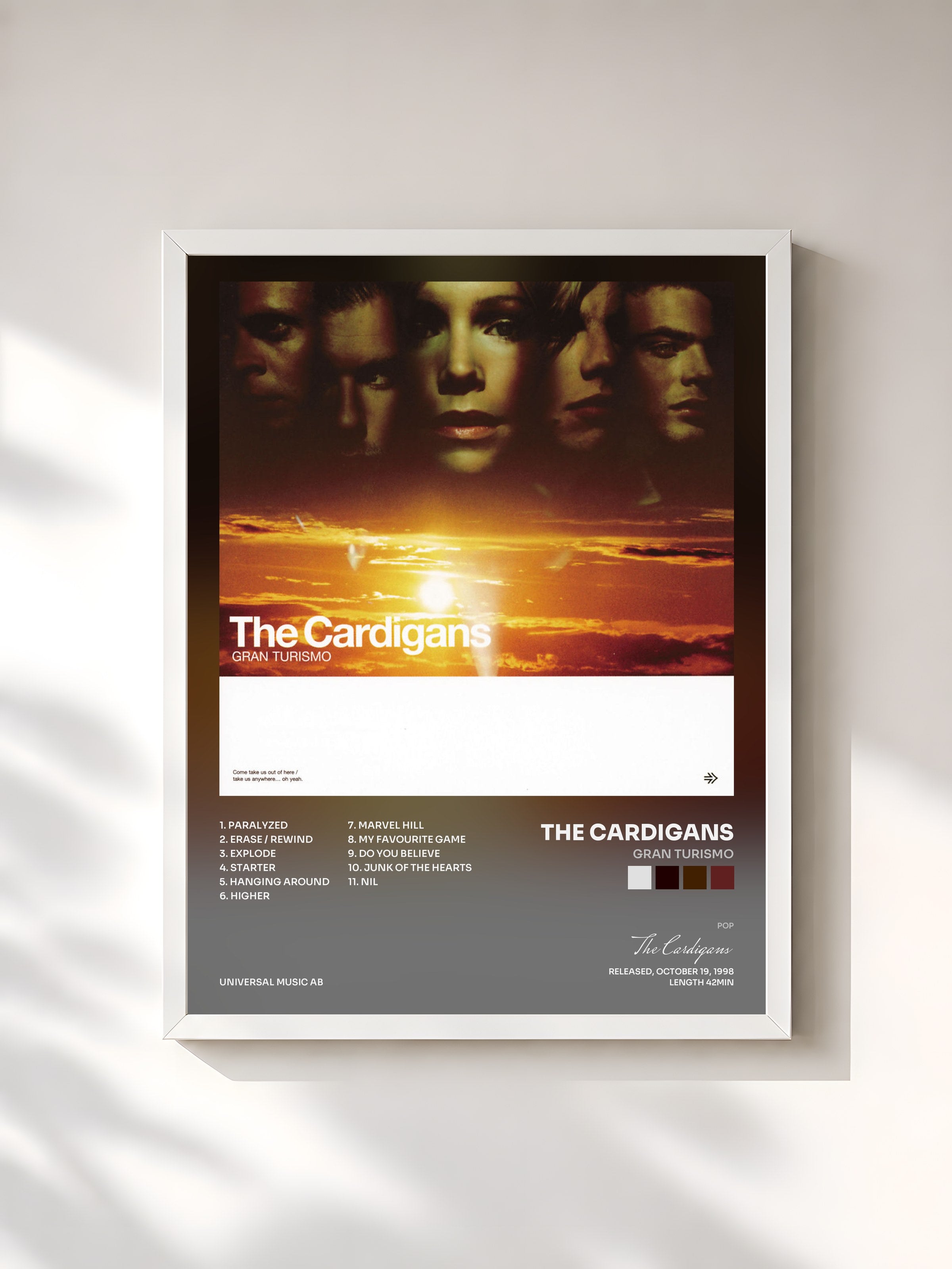 #blanc Tableau de l'album Gran Turismo de The Cardigans, cadre blanc, imprimé et encadré en France