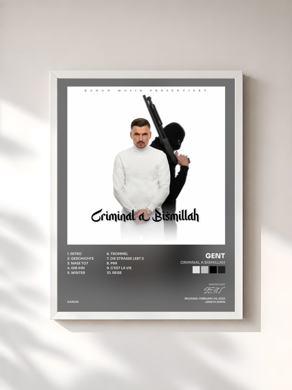#blanc Criminal A Bismillah by GENT as a framed art print, white frame, printed and framed in France