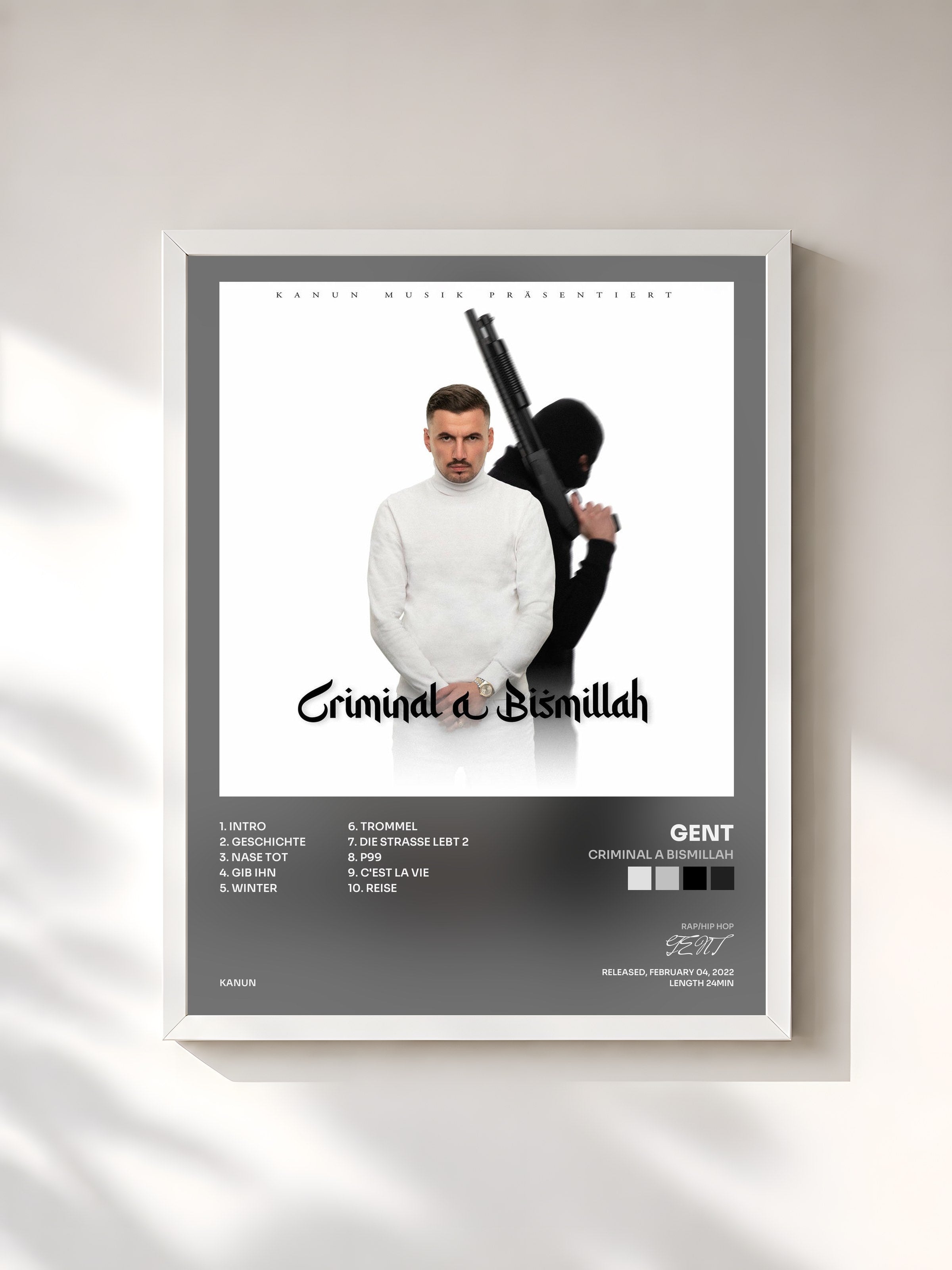 #blanc Tableau de l'album Criminal A Bismillah de GENT, cadre blanc, imprimé et encadré en France