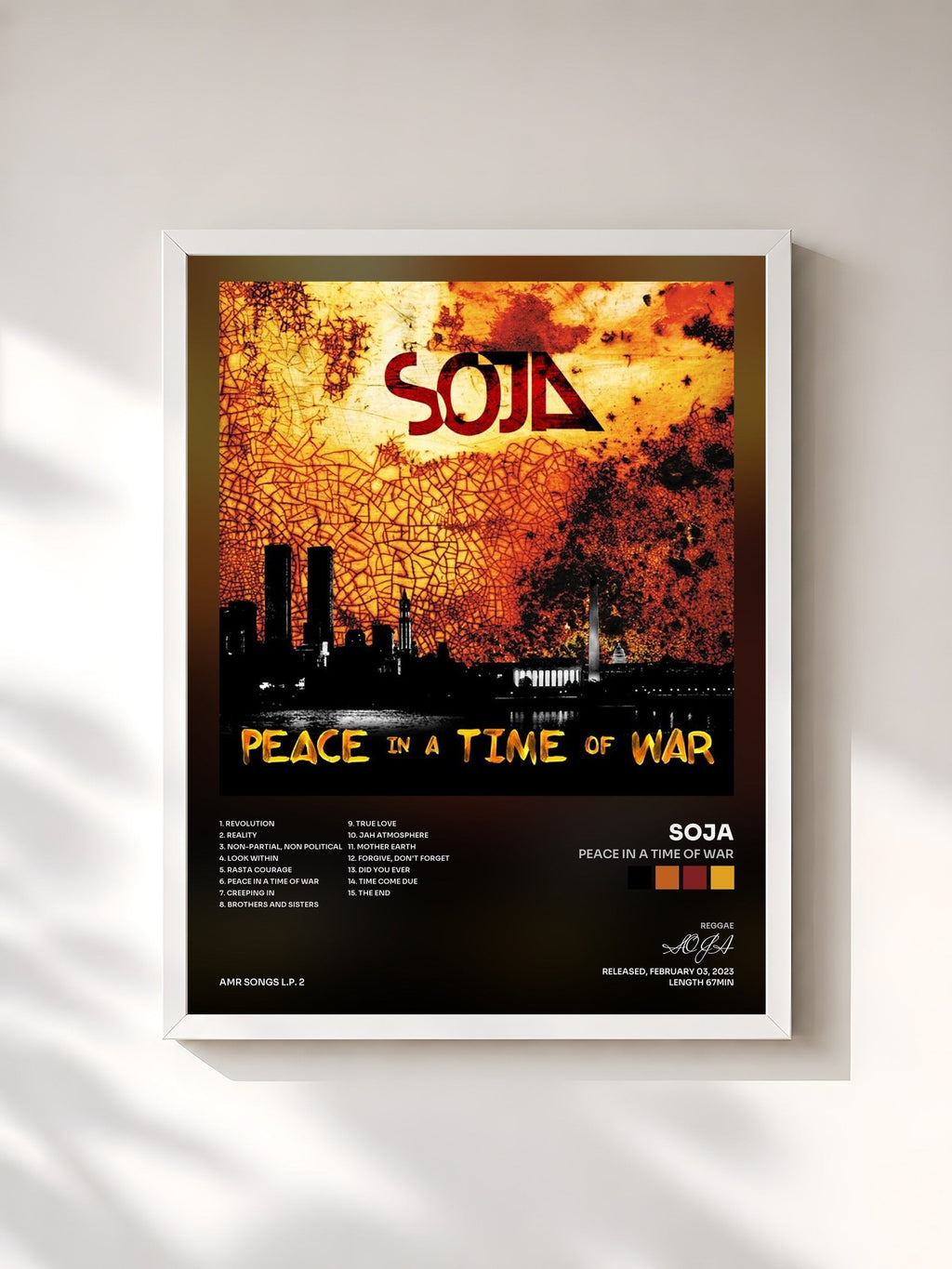 #blanc Tableau de l'album Peace in a Time of War de SOJA, cadre blanc, imprimé et encadré en France
