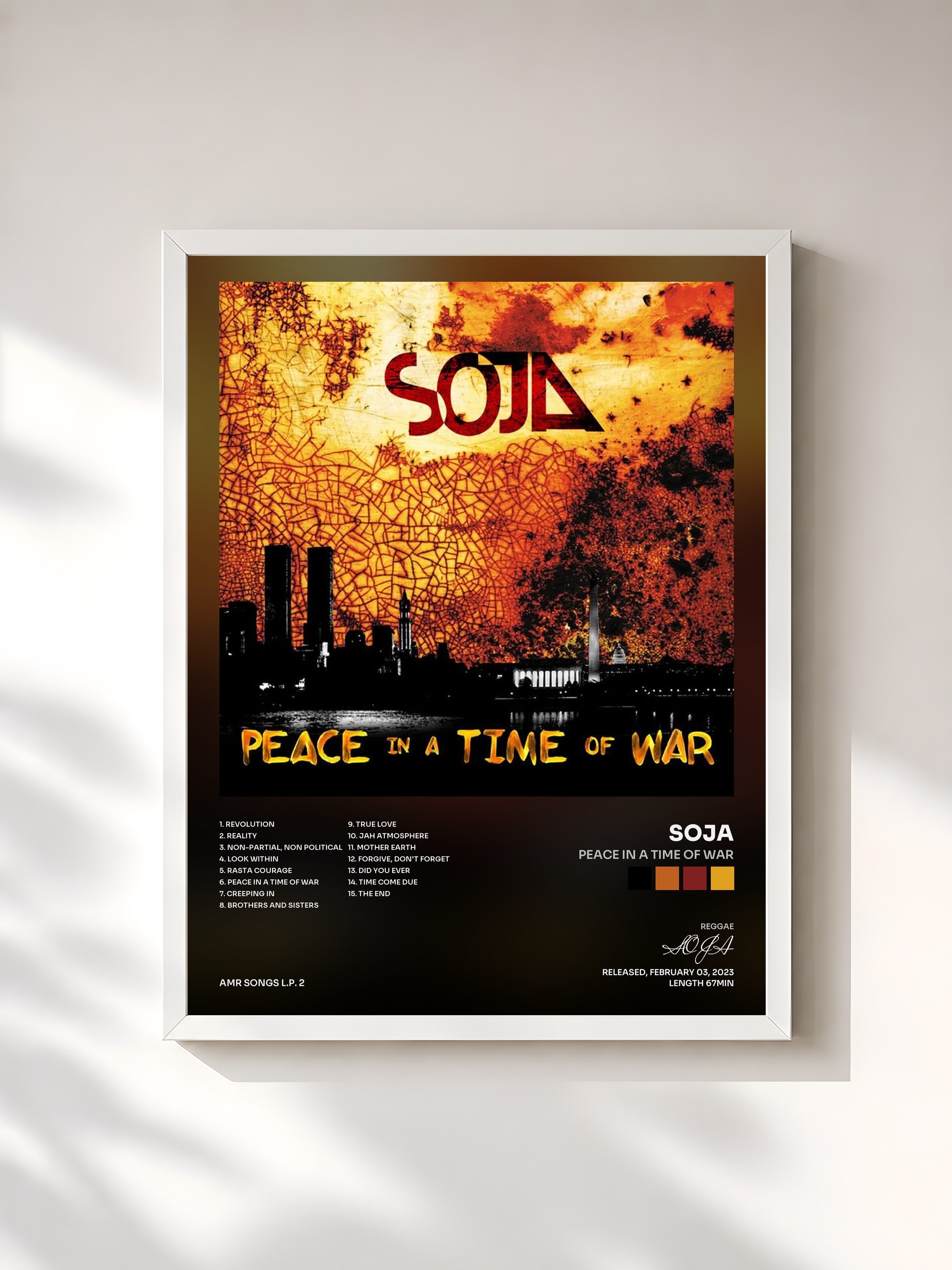 #blanc Tableau de l'album Peace in a Time of War de SOJA, cadre blanc, imprimé et encadré en France