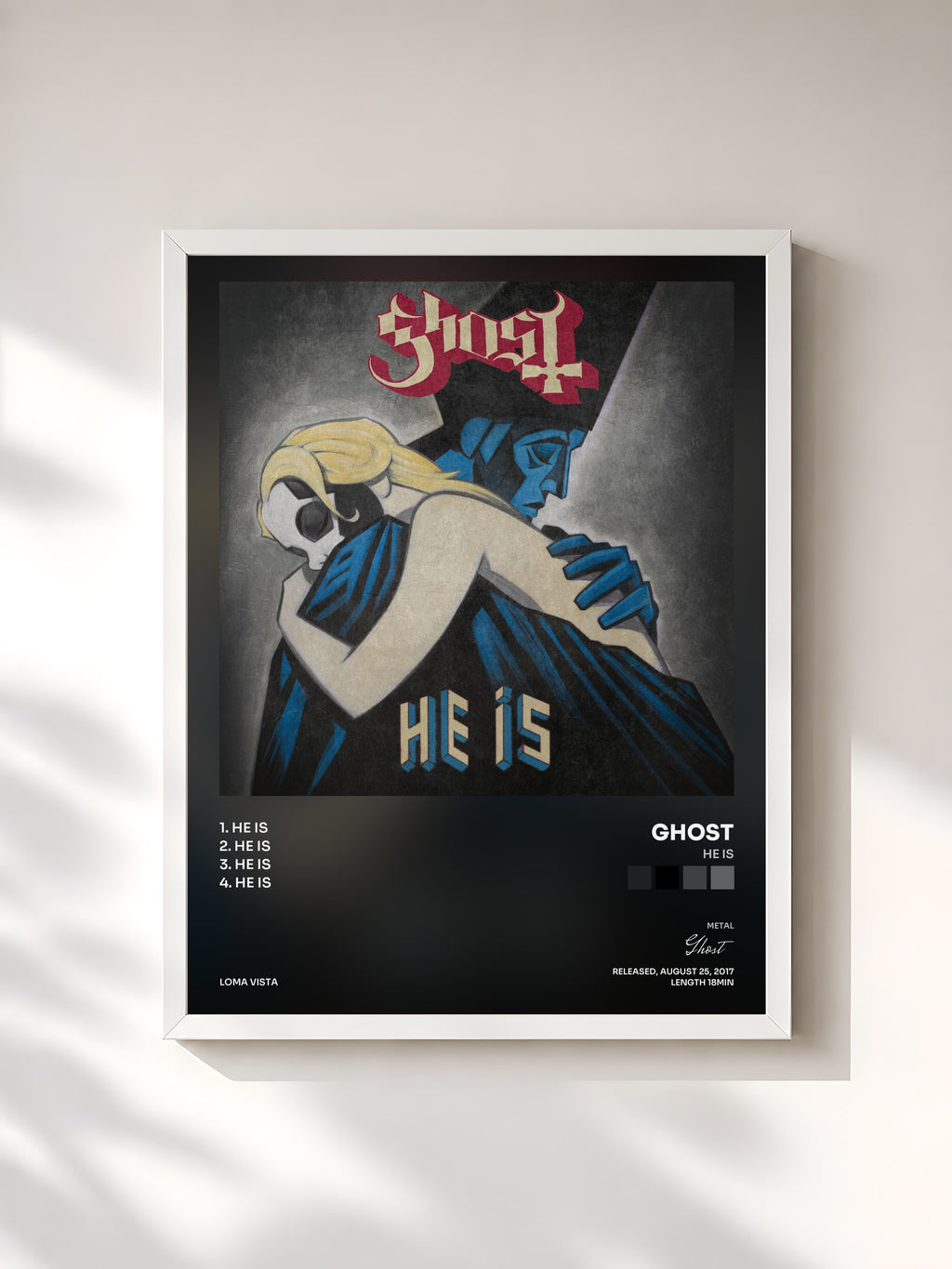 #blanc Tableau de l'album He Is de Ghost, cadre blanc, imprimé et encadré en France