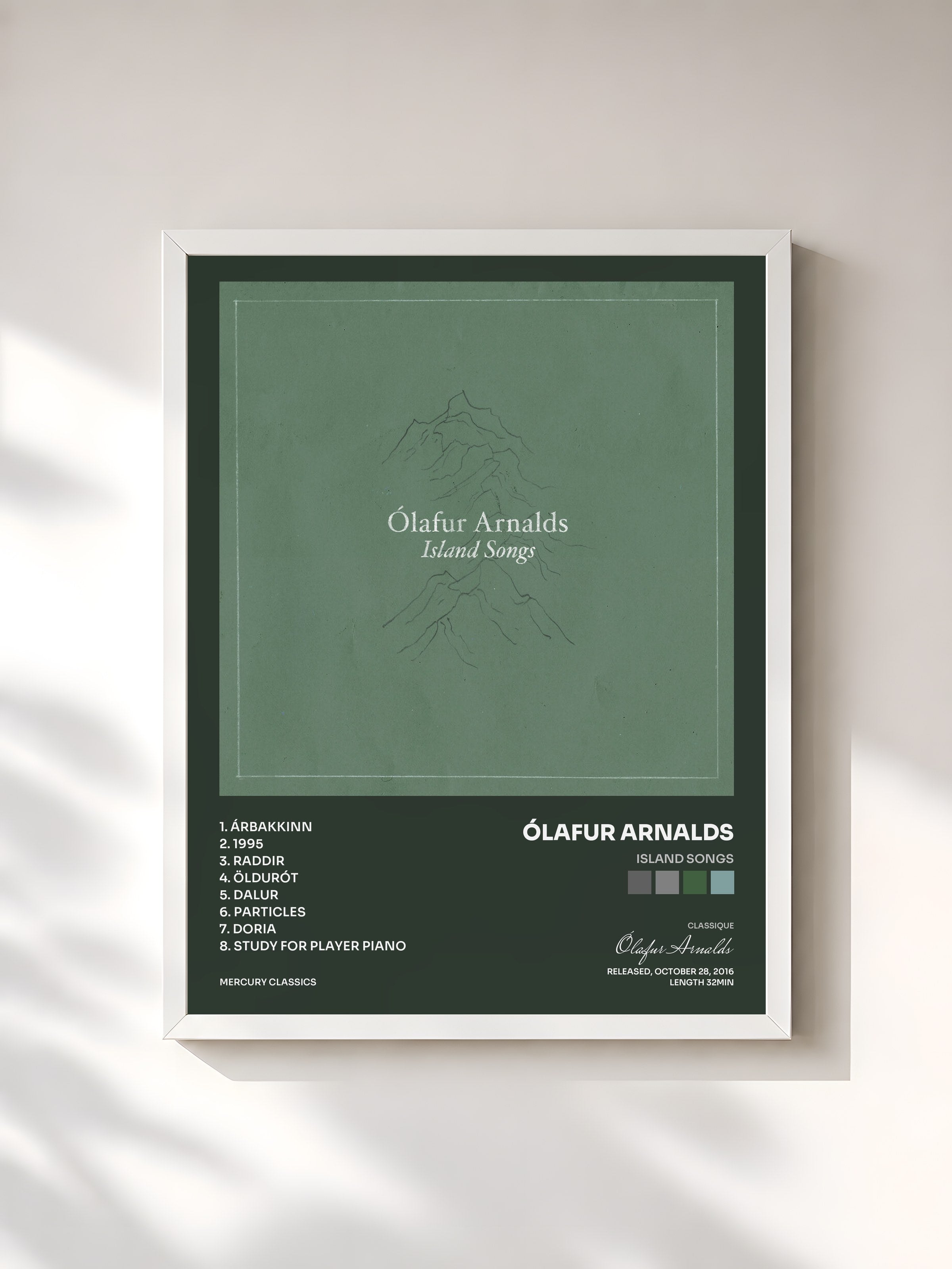 #blanc Tableau de l'album Island Songs de Ólafur Arnalds, cadre blanc, imprimé et encadré en France