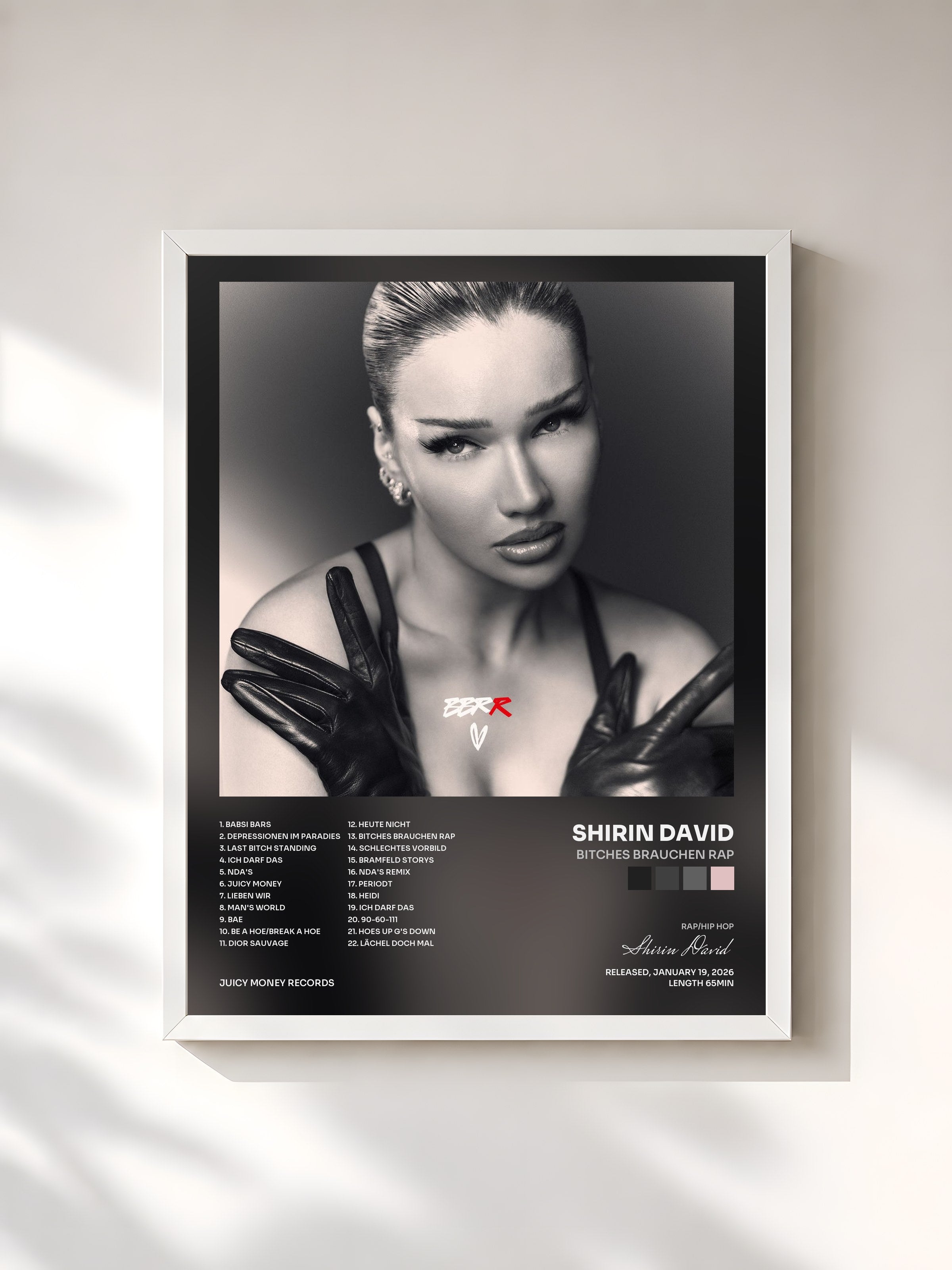 #blanc Tableau de l'album Bitches brauchen Rap de Shirin David, cadre blanc, imprimé et encadré en France