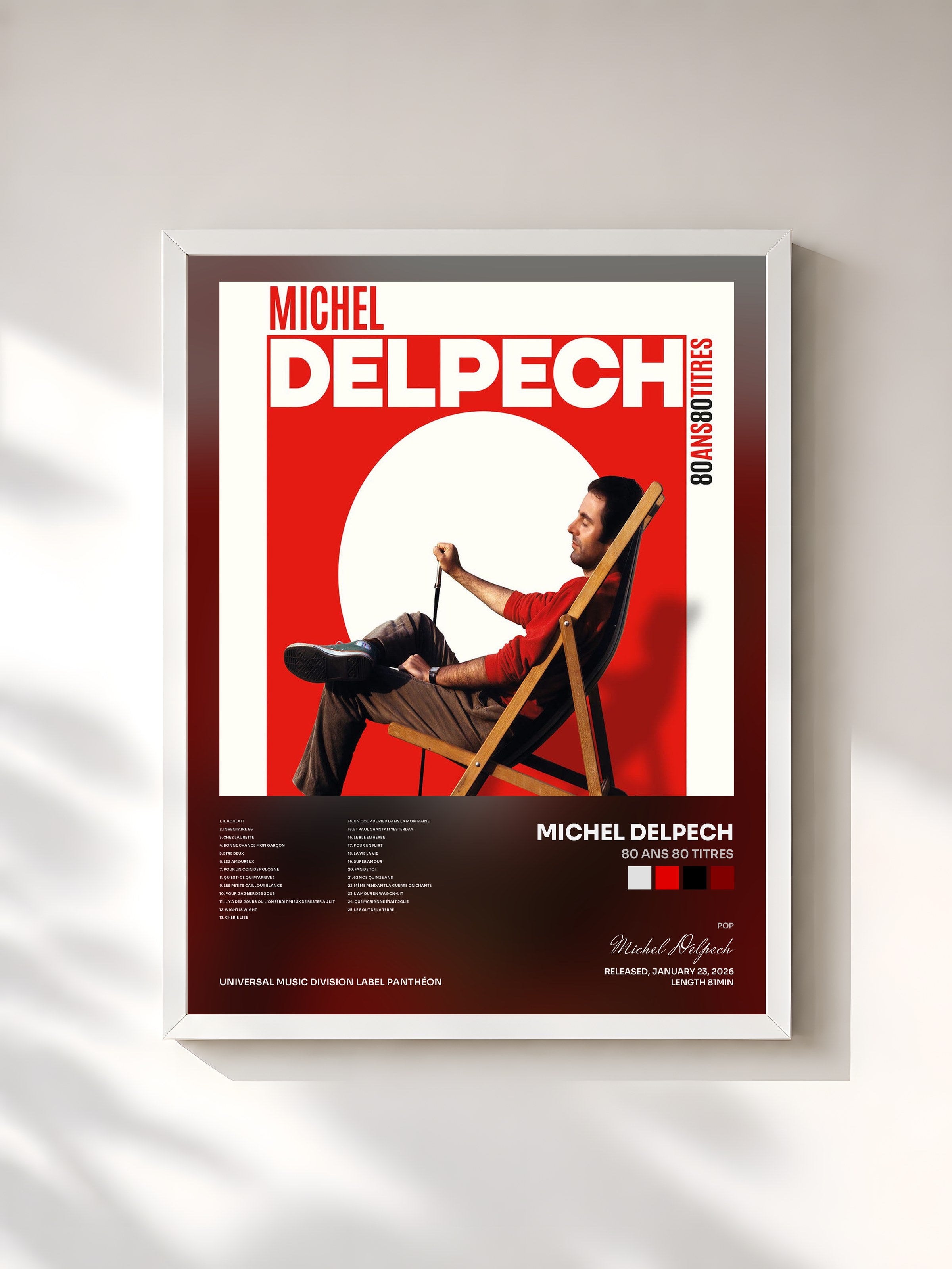 #blanc Tableau de l'album 80 ans 80 titres de Michel Delpech, cadre blanc, imprimé et encadré en France
