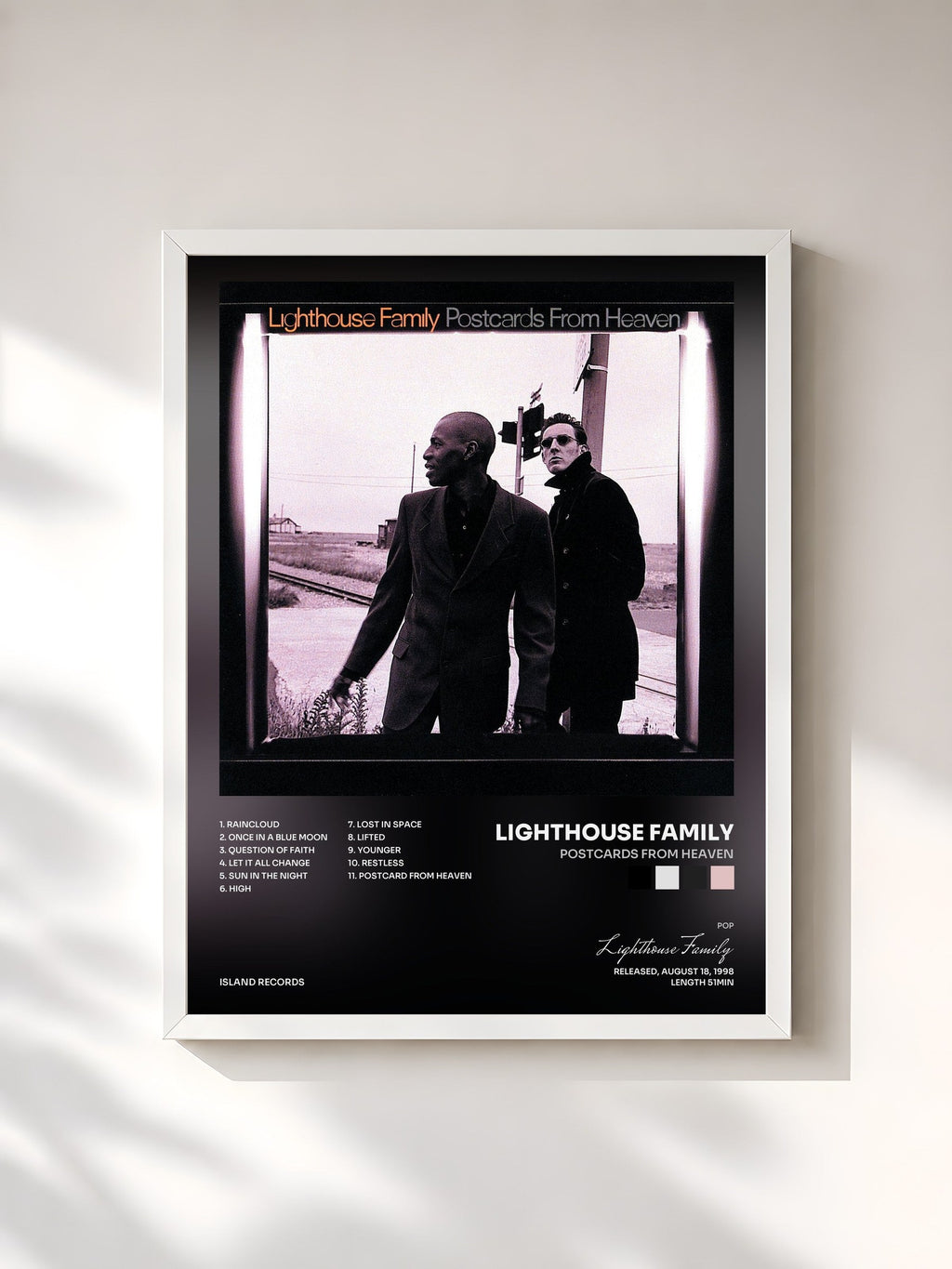 #blanc Postcards From Heaven de Lighthouse Family en lámina enmarcada, marco blanco, impresa y enmarcada en Francia