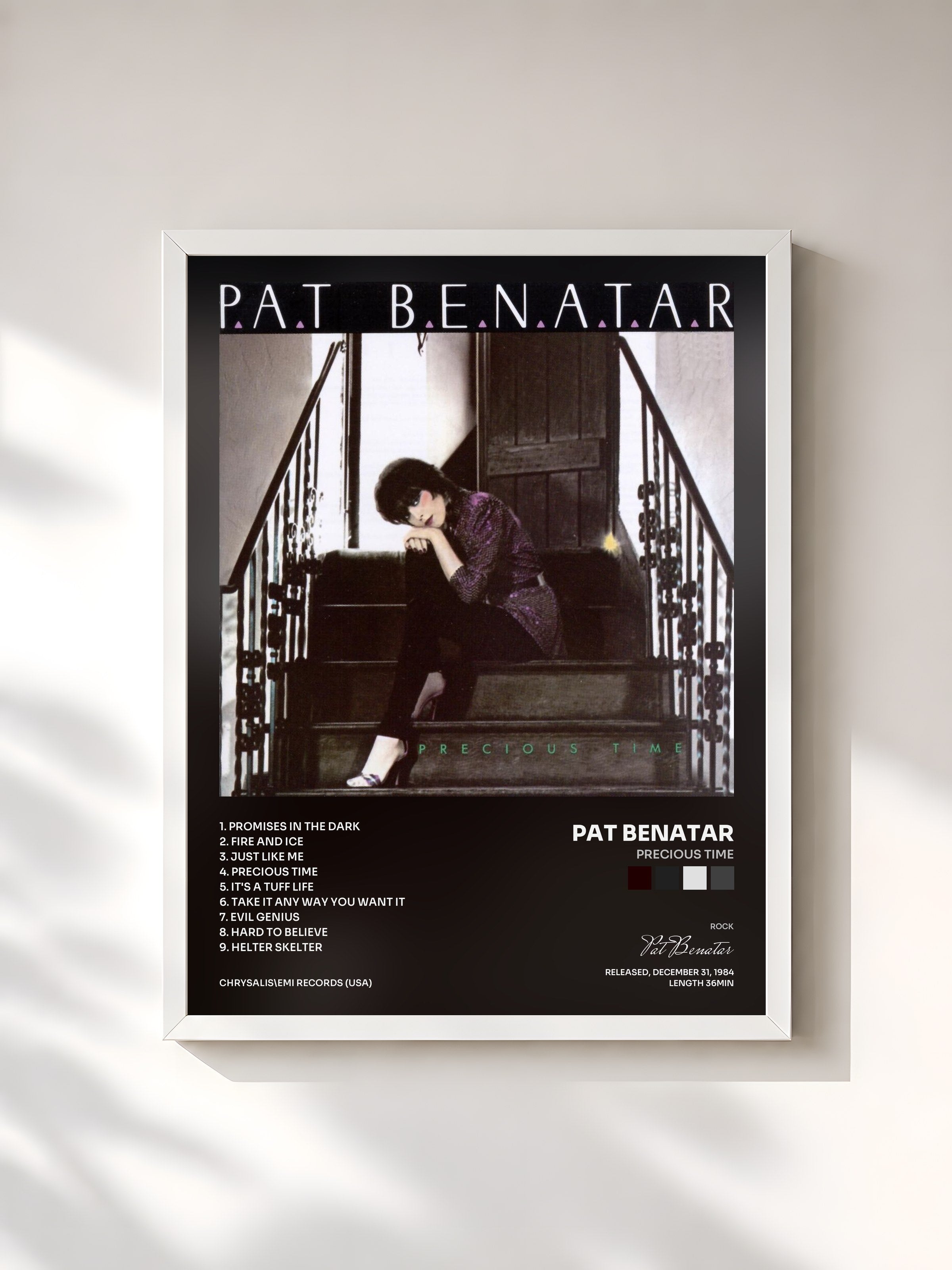 #blanc Tableau de l'album Precious Time de Pat Benatar, cadre blanc, imprimé et encadré en France