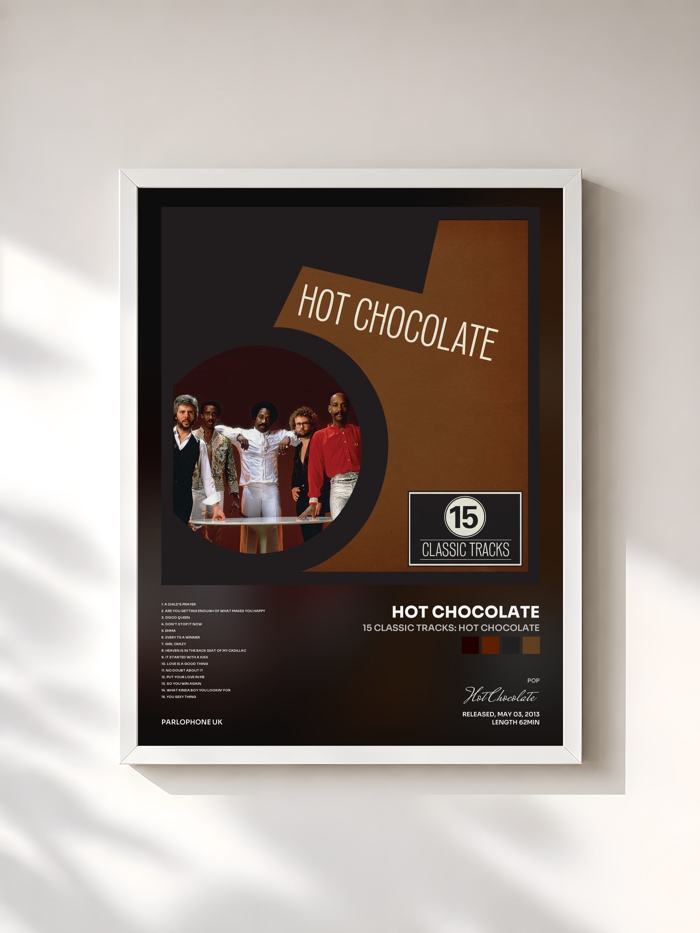 #blanc Tableau de l'album 15 Classic Tracks: Hot Chocolate de Hot Chocolate, cadre blanc, imprimé et encadré en France