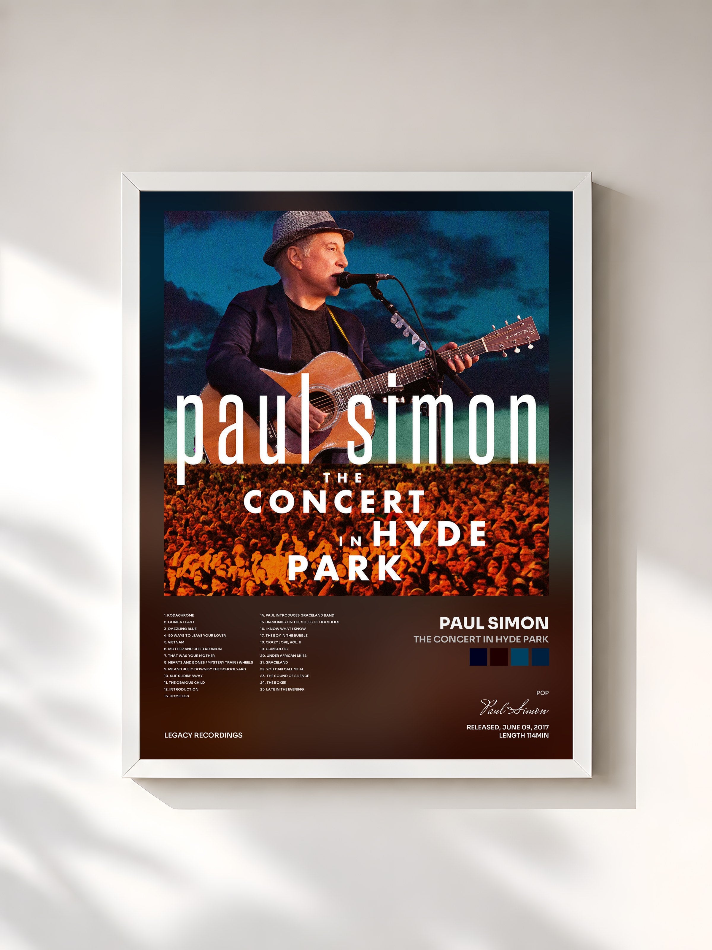 #blanc Tableau de l'album The Concert in Hyde Park de Paul Simon, cadre blanc, imprimé et encadré en France
