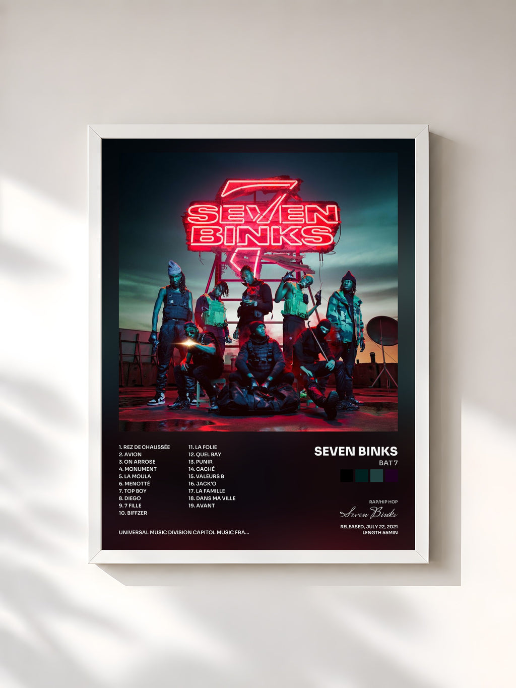 #blanc Bat 7 by Seven Binks as a framed art print, white frame, printed and framed in France