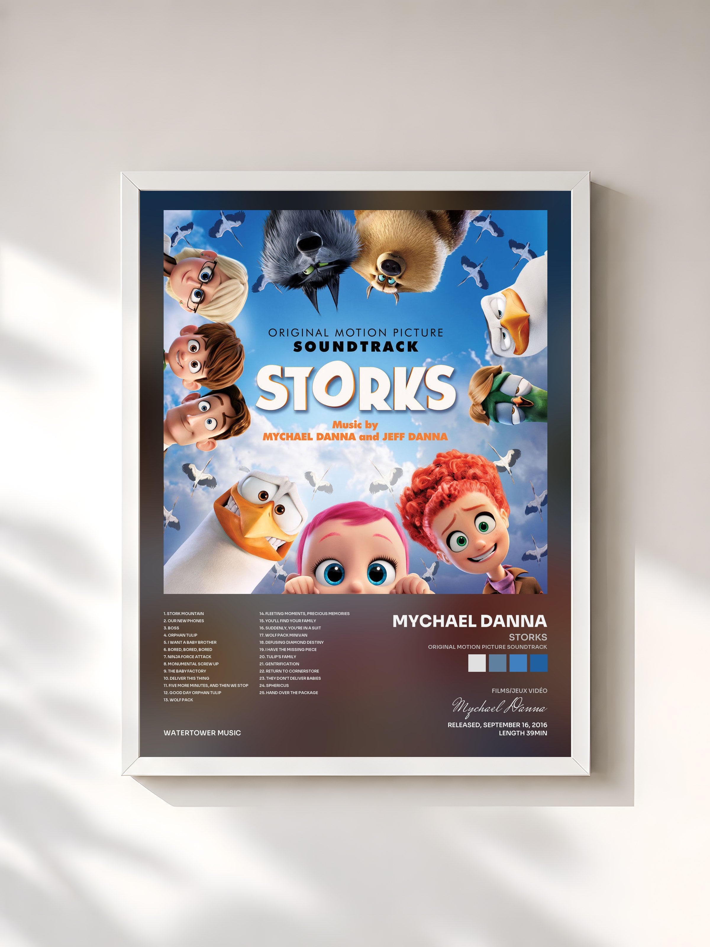 #blanc Tableau de l'album Storks (Original Motion Picture Soundtrack) de Mychael Danna, cadre blanc, imprimé et encadré en France