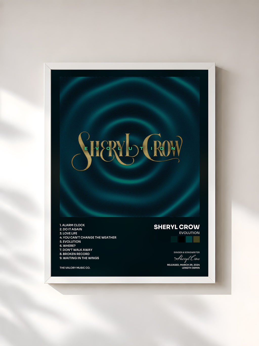#blanc Tableau de l'album Evolution de Sheryl Crow, cadre blanc, imprimé et encadré en France