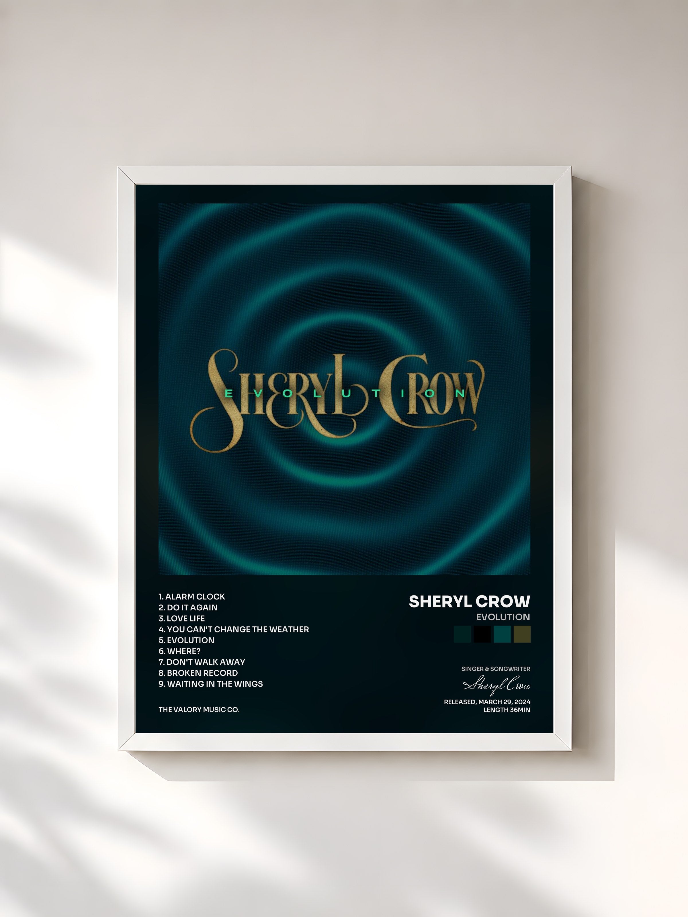 #blanc Tableau de l'album Evolution de Sheryl Crow, cadre blanc, imprimé et encadré en France