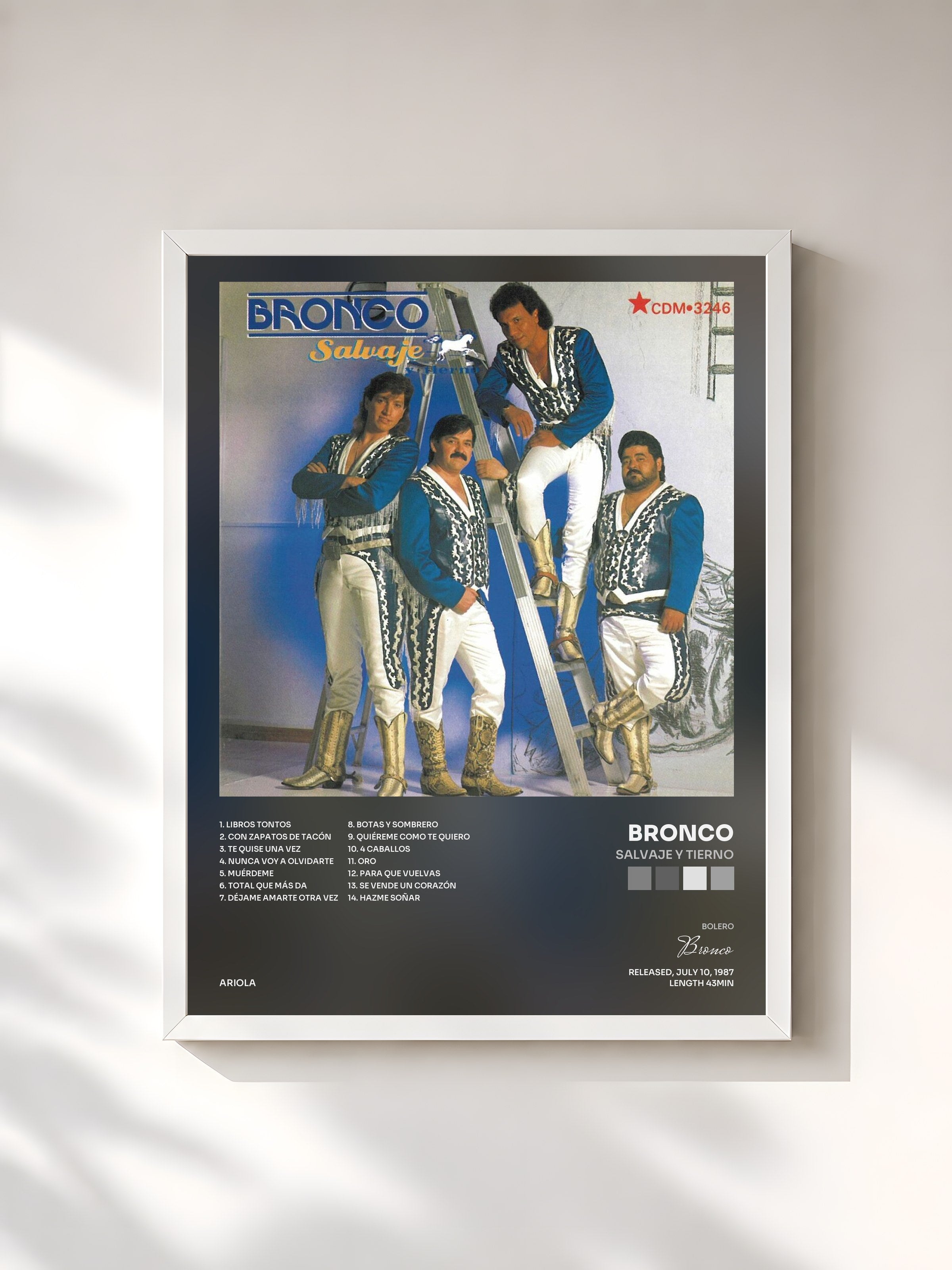 #blanc Tableau de l'album Salvaje y Tierno de Bronco, cadre blanc, imprimé et encadré en France