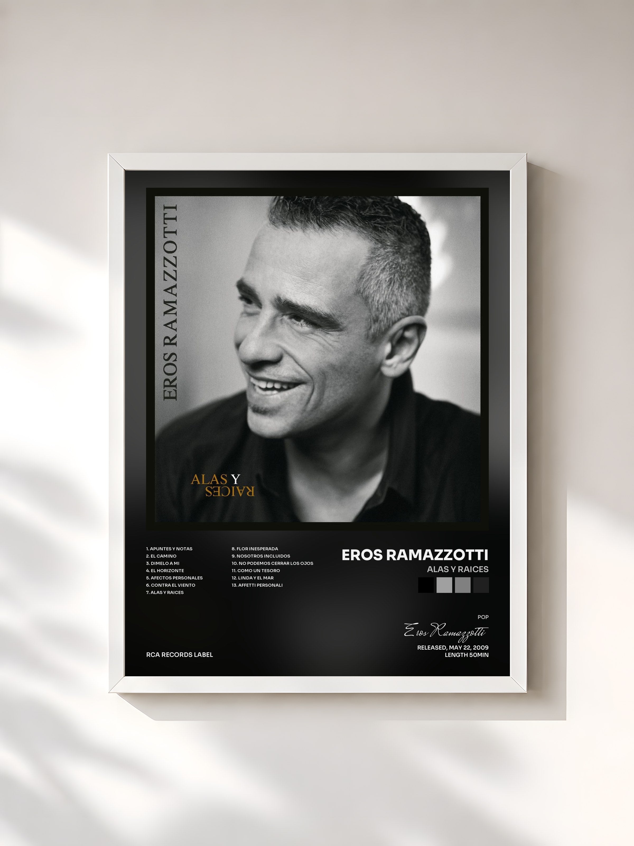 #blanc Tableau de l'album Alas Y Raices de Eros Ramazzotti, cadre blanc, imprimé et encadré en France