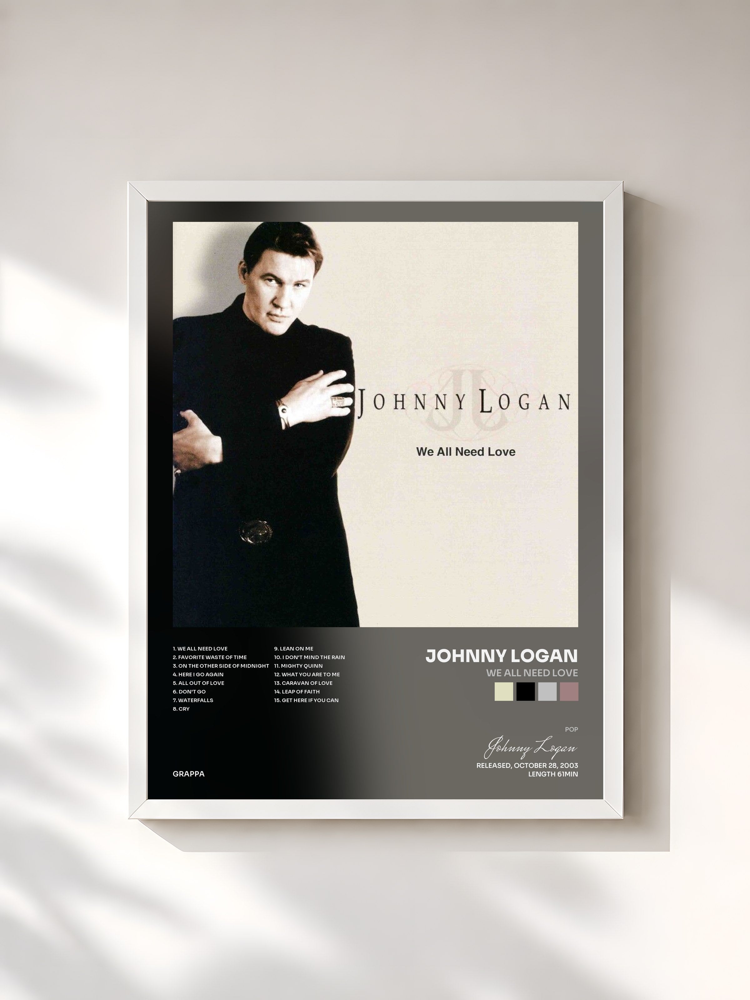 #blanc Tableau de l'album We All Need Love de Johnny Logan, cadre blanc, imprimé et encadré en France