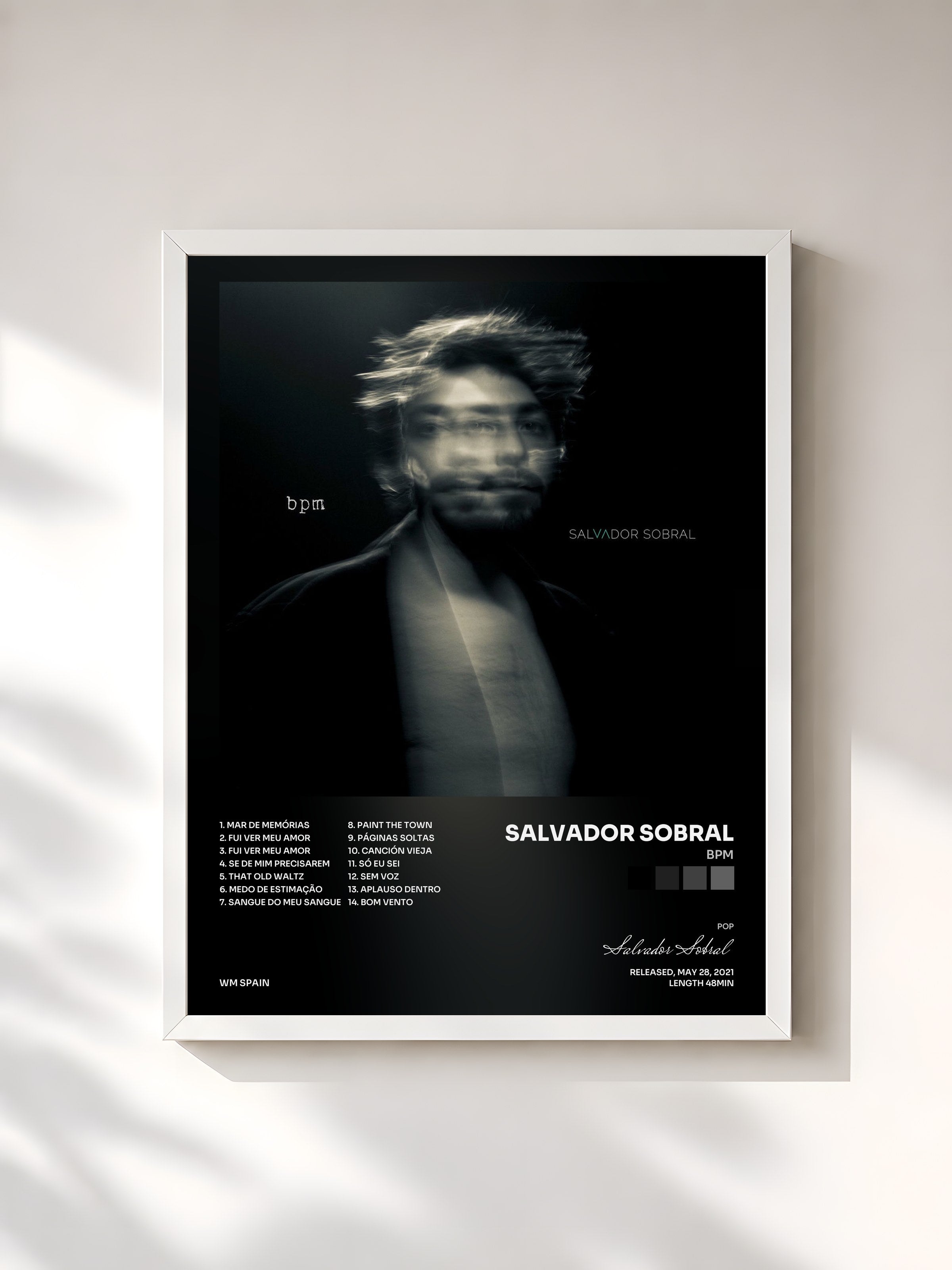 #blanc Tableau de l'album bpm de Salvador Sobral, cadre blanc, imprimé et encadré en France