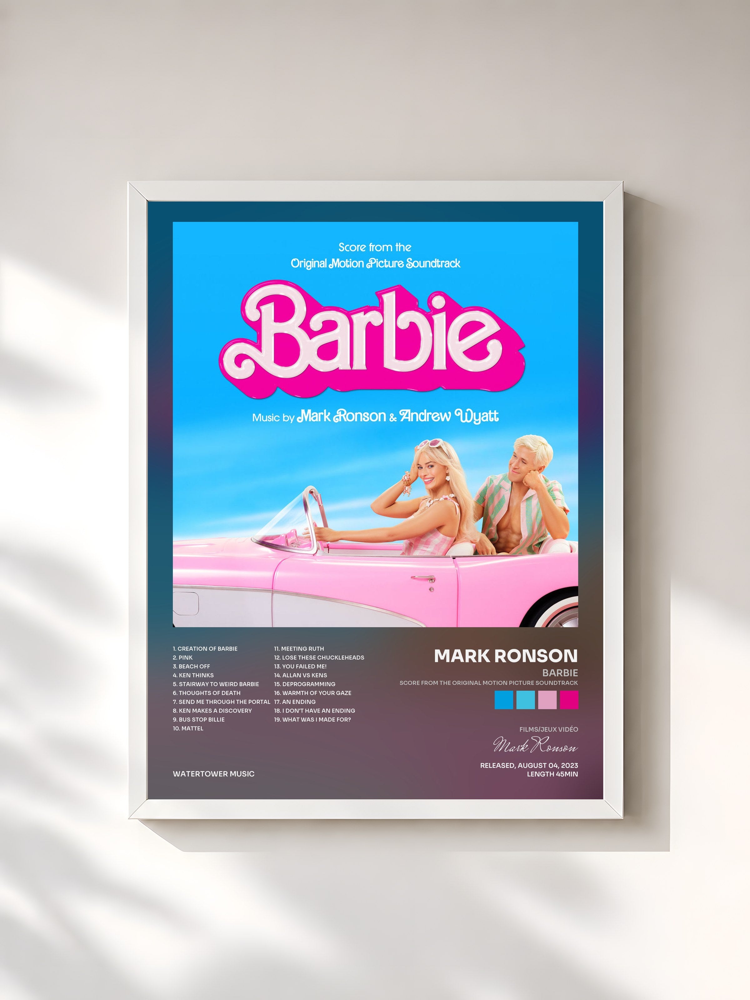 #blanc Tableau de l'album Barbie (Score from the Original Motion Picture Soundtrack) de Mark Ronson, cadre blanc, imprimé et encadré en France
