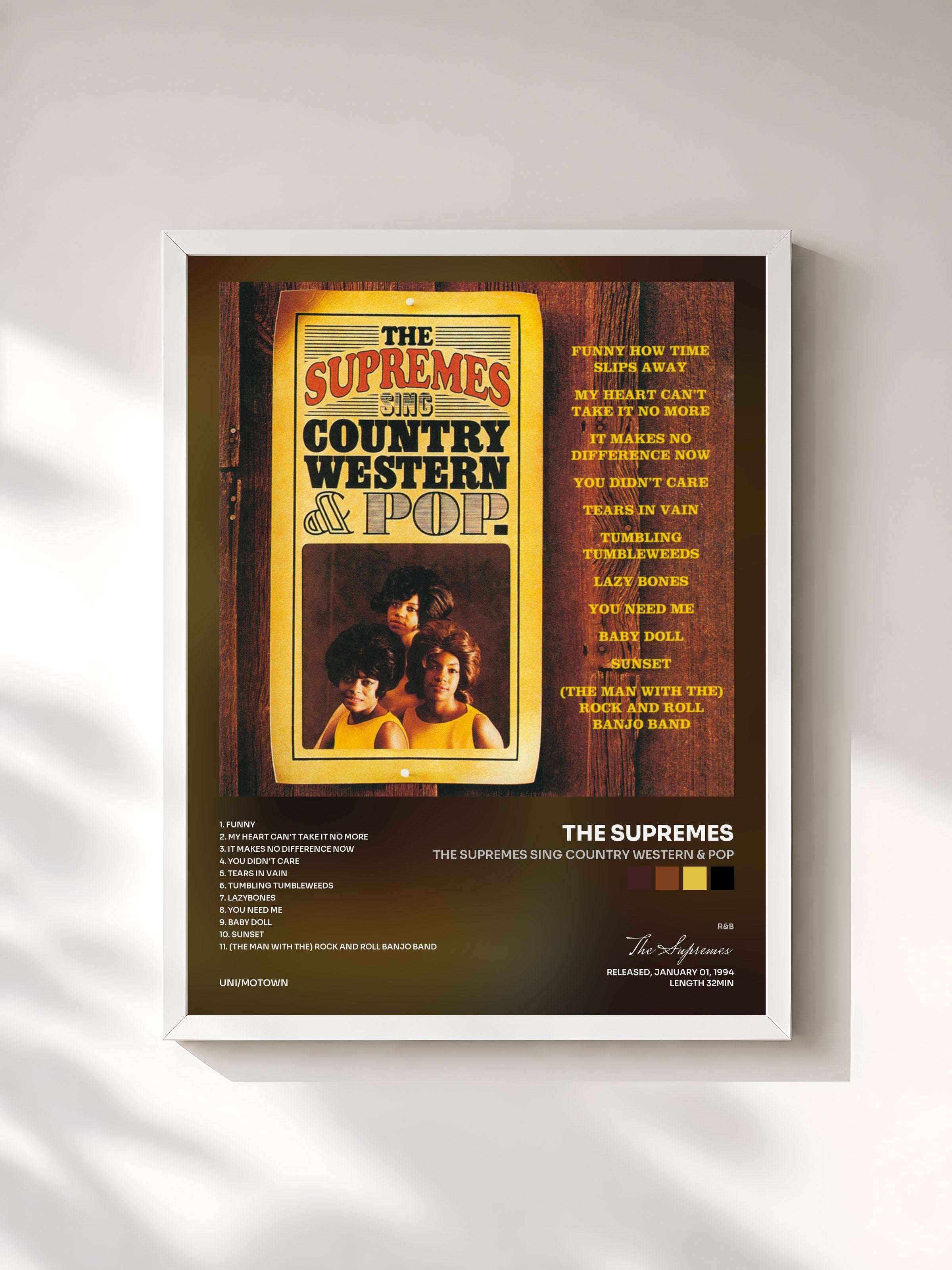 #blanc Tableau de l'album The Supremes Sing Country Western & Pop de The Supremes, cadre blanc, imprimé et encadré en France