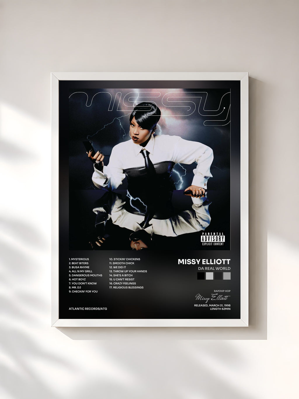 #blanc Tableau de l'album Da Real World de Missy Elliott, cadre blanc, imprimé et encadré en France